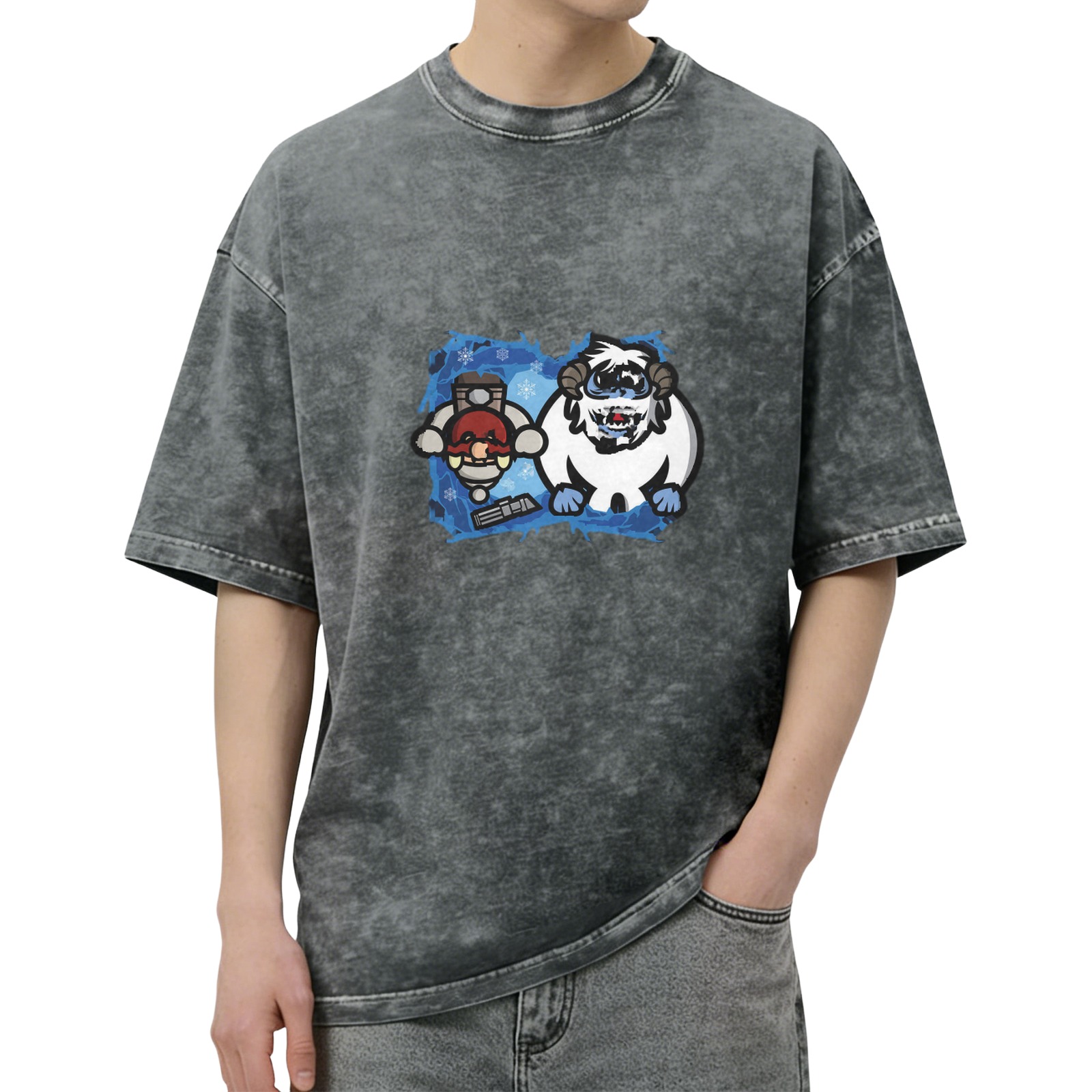Washed Black T-Shirt with Cartoon Yeti and Winter Character Graphic