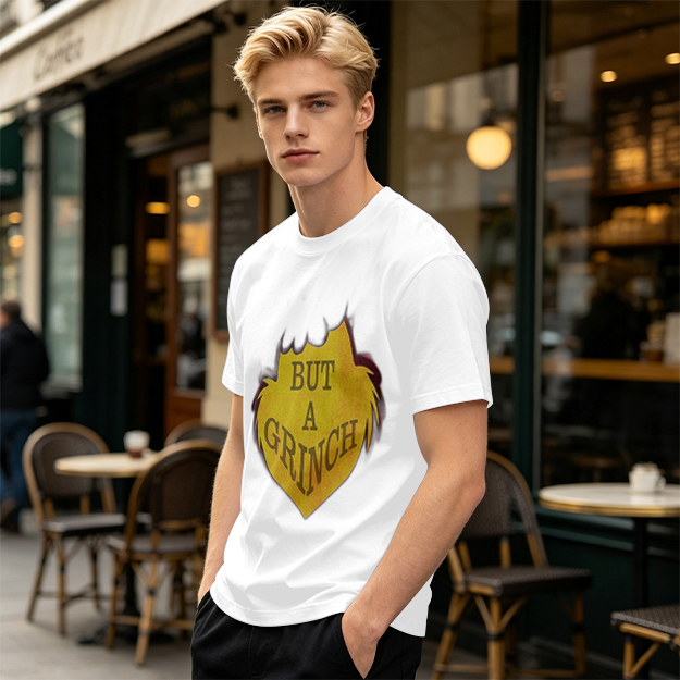 Olive green t-shirt with 'But A Grinch' graphic print