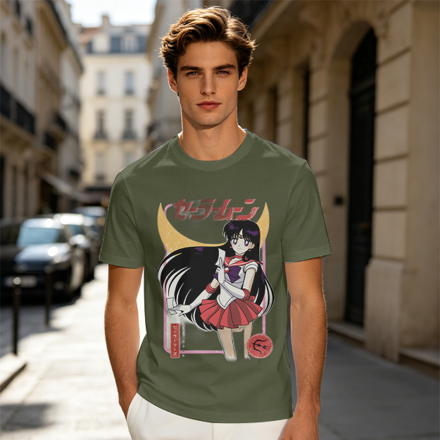 Olive T-shirt with Sailor Mars Anime Graphic Print