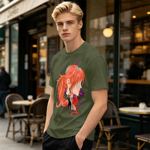 Olive T-Shirt with Anime Red-Haired Girl Profile Art Print