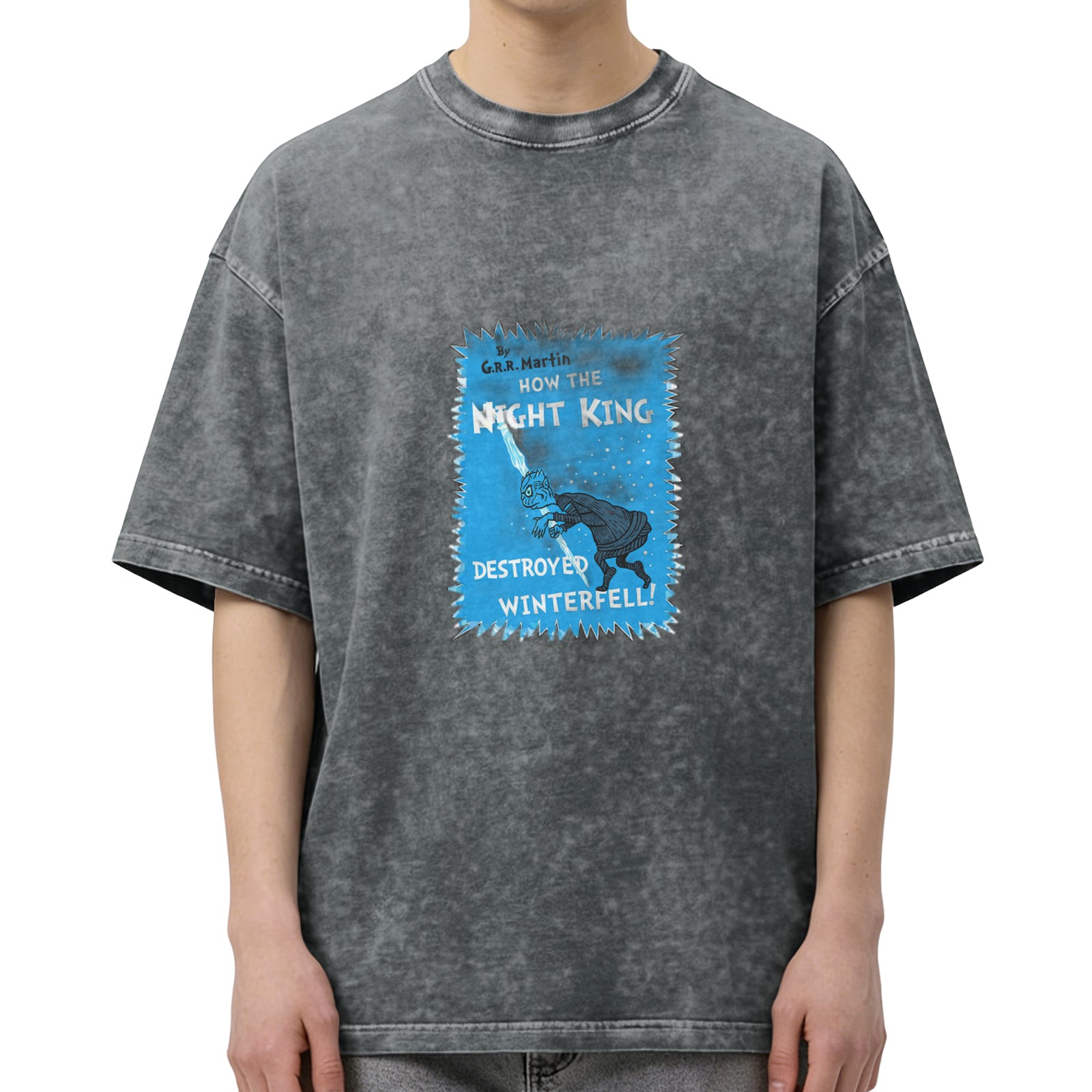 Oversized dark wash t-shirt with Night King Winterfell graphic print