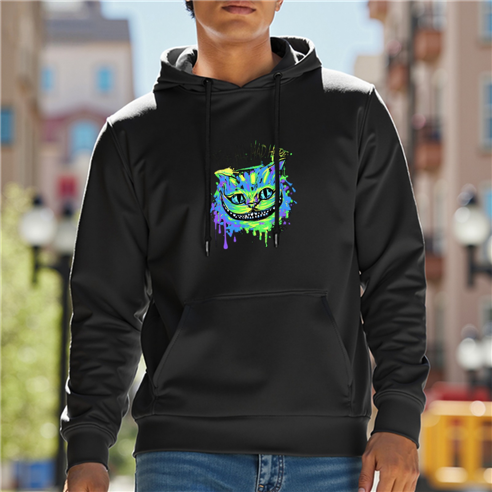 Black hoodie with neon Cheshire cat paint splatter graphic