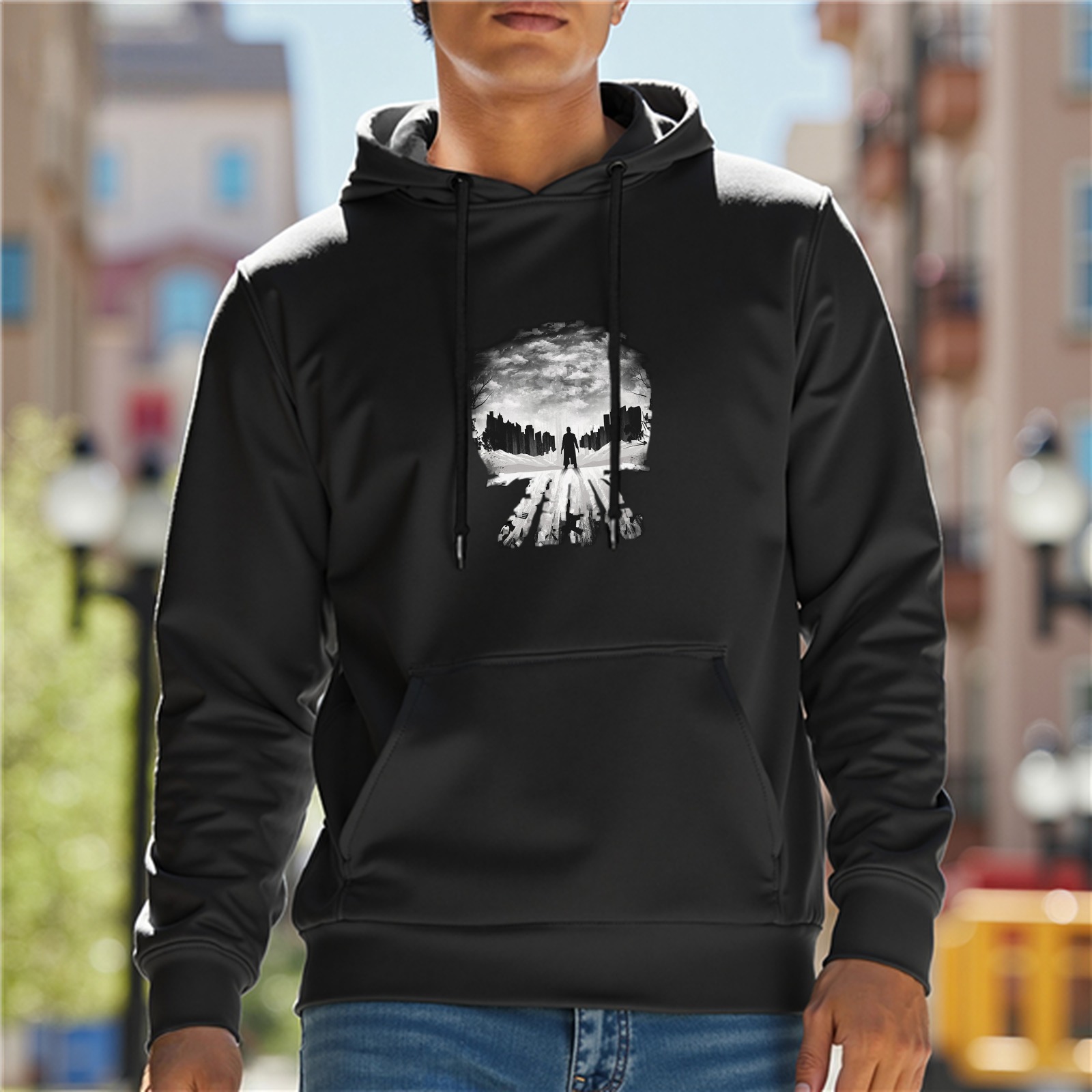 Black Hoodie With Skull Silhouette Landscape Graphic Print