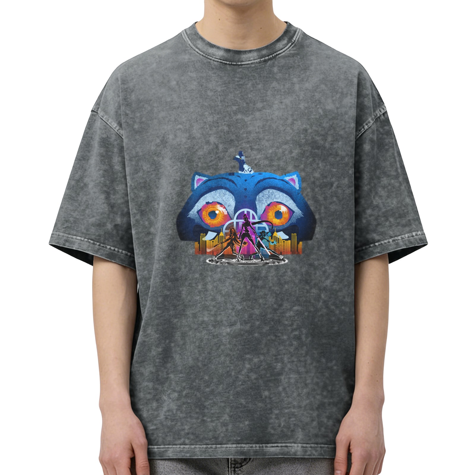 Washed black graphic t-shirt with stylized cat and city design