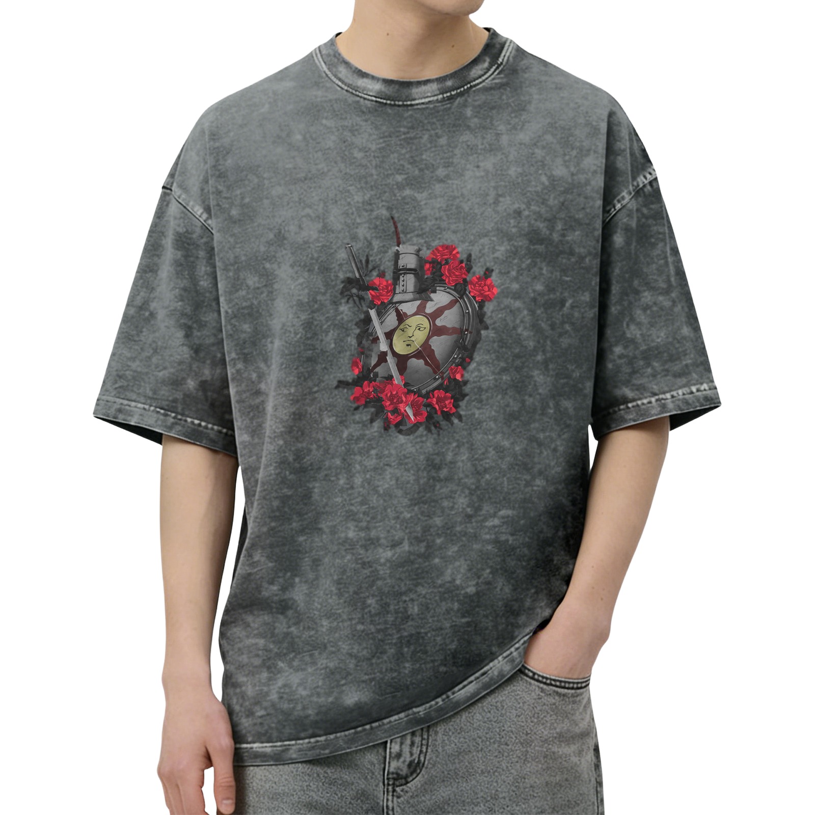 Dark Acid Wash T-Shirt with Knight Shield and Red Roses Graphic