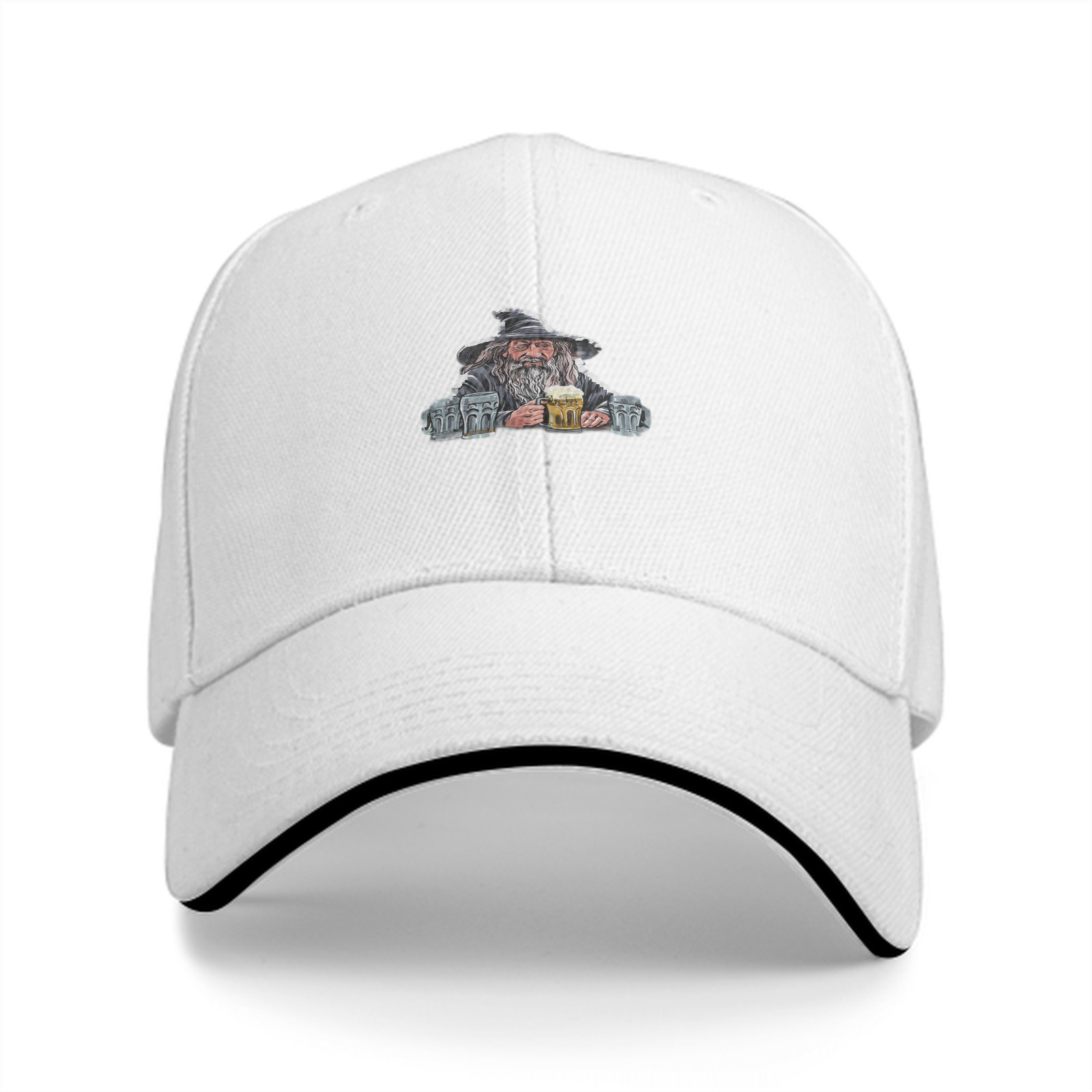 Black baseball cap with wizard holding beer mugs graphic