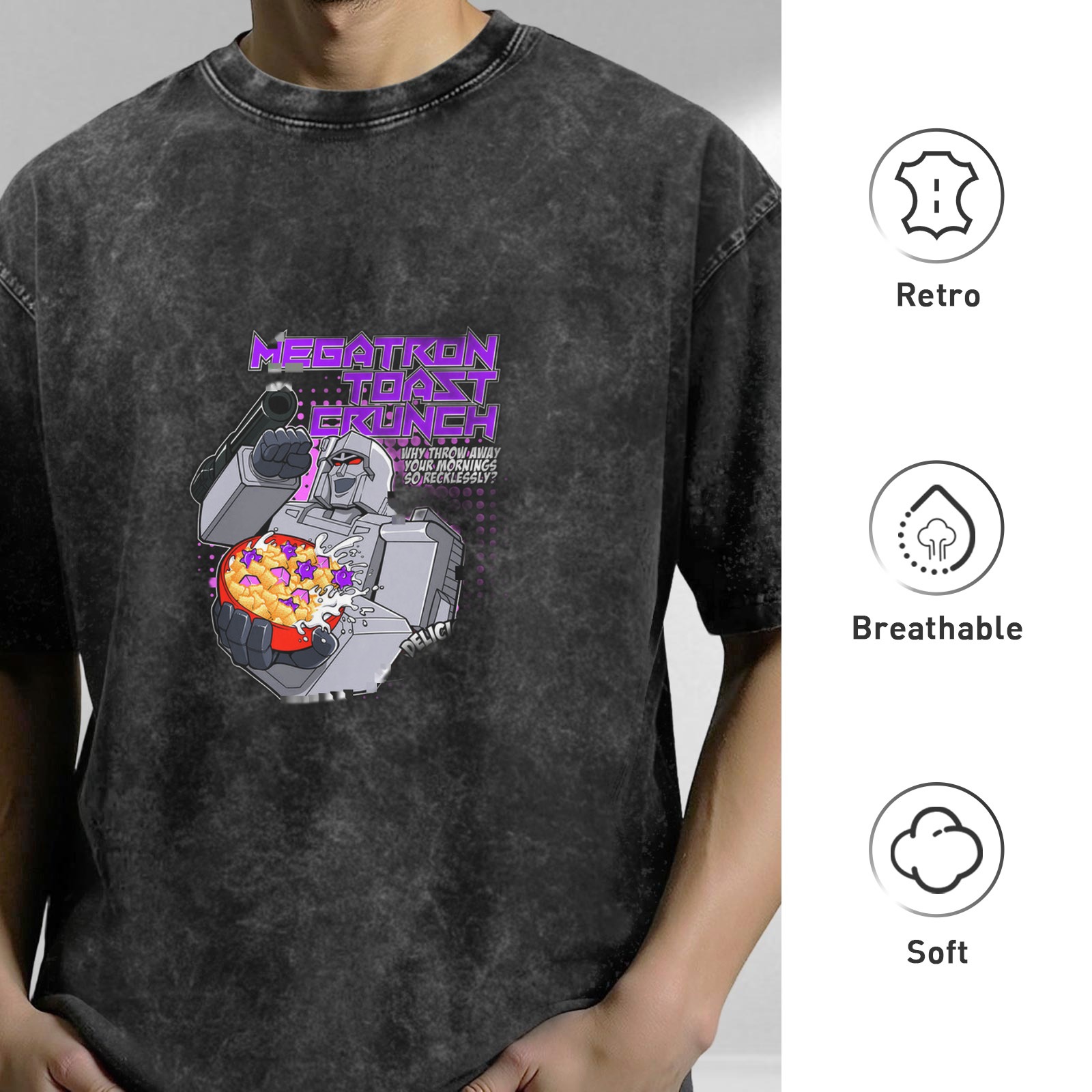 Oversized Acid Wash T-Shirt with Megatron Toast Crunch Graphic