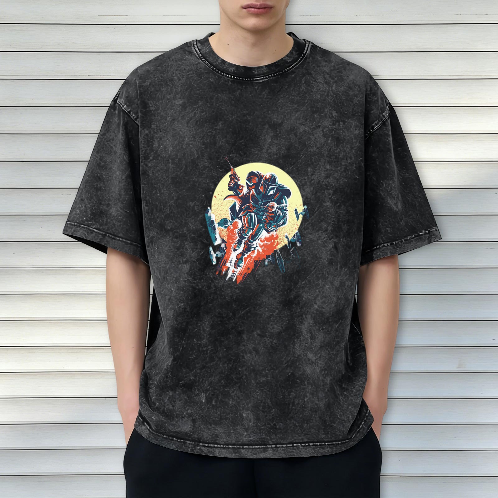 Washed Black Oversized T-Shirt with Sci-Fi Warrior Graphic Print