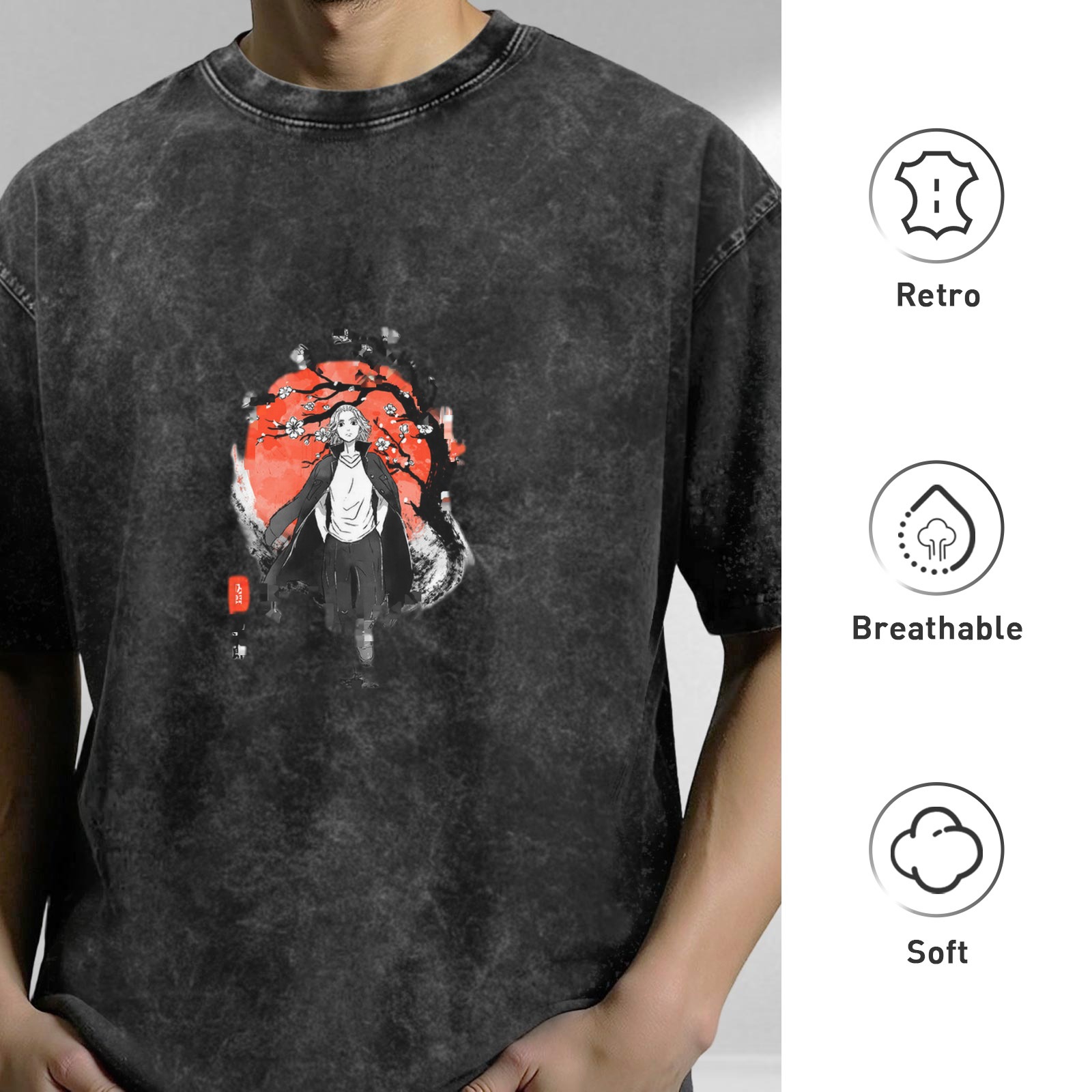 Distressed washed black round neck short-sleeved T-shirt Anime character cherry blossom and red moon printed loose top