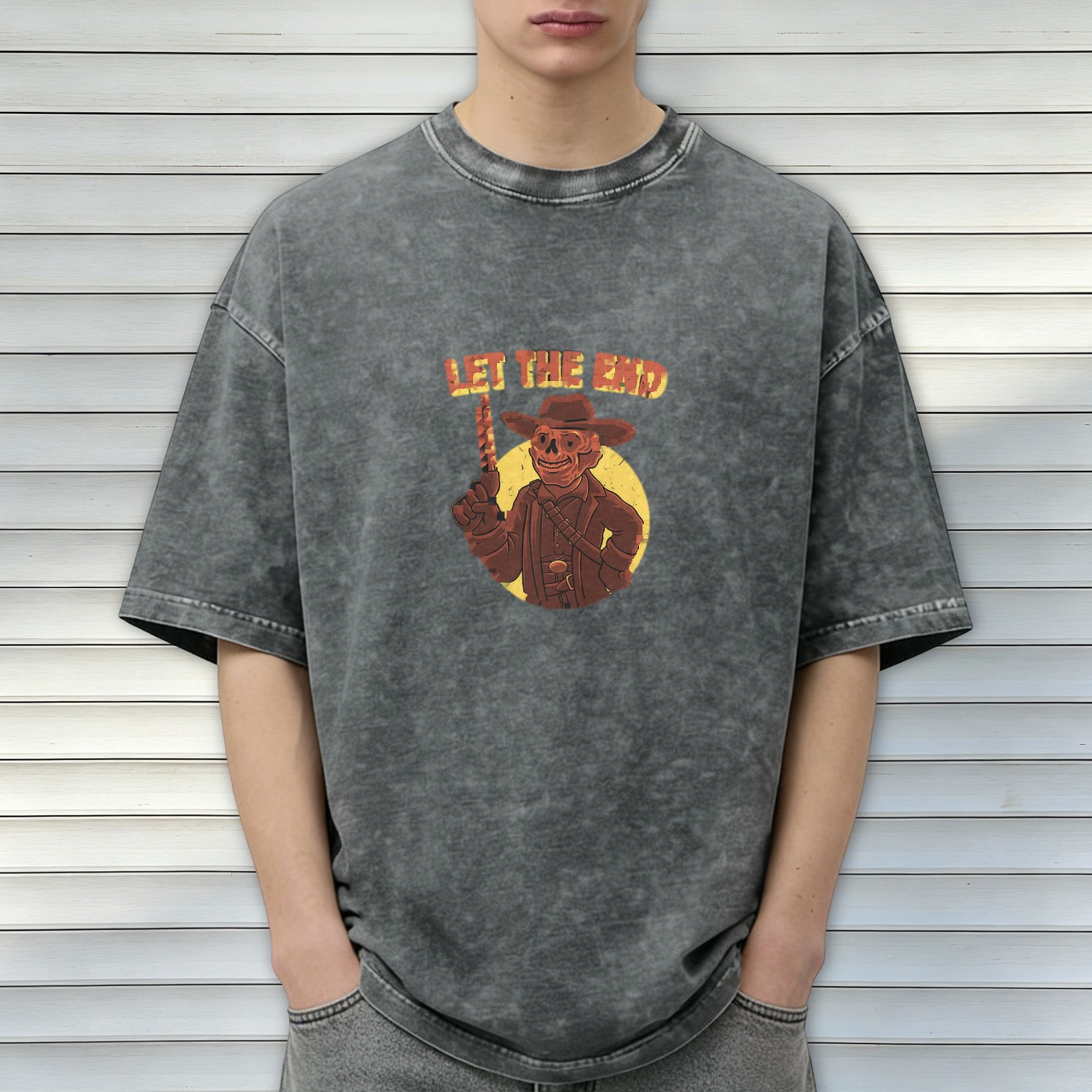 Washed Black T-Shirt With Skeleton Cowboy Graphic Print