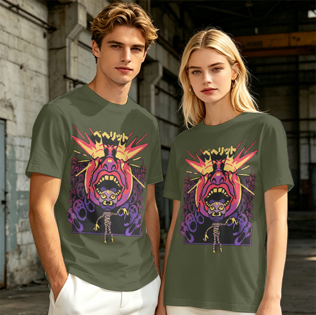 Olive t-shirt with surreal demon and ghost graphic print