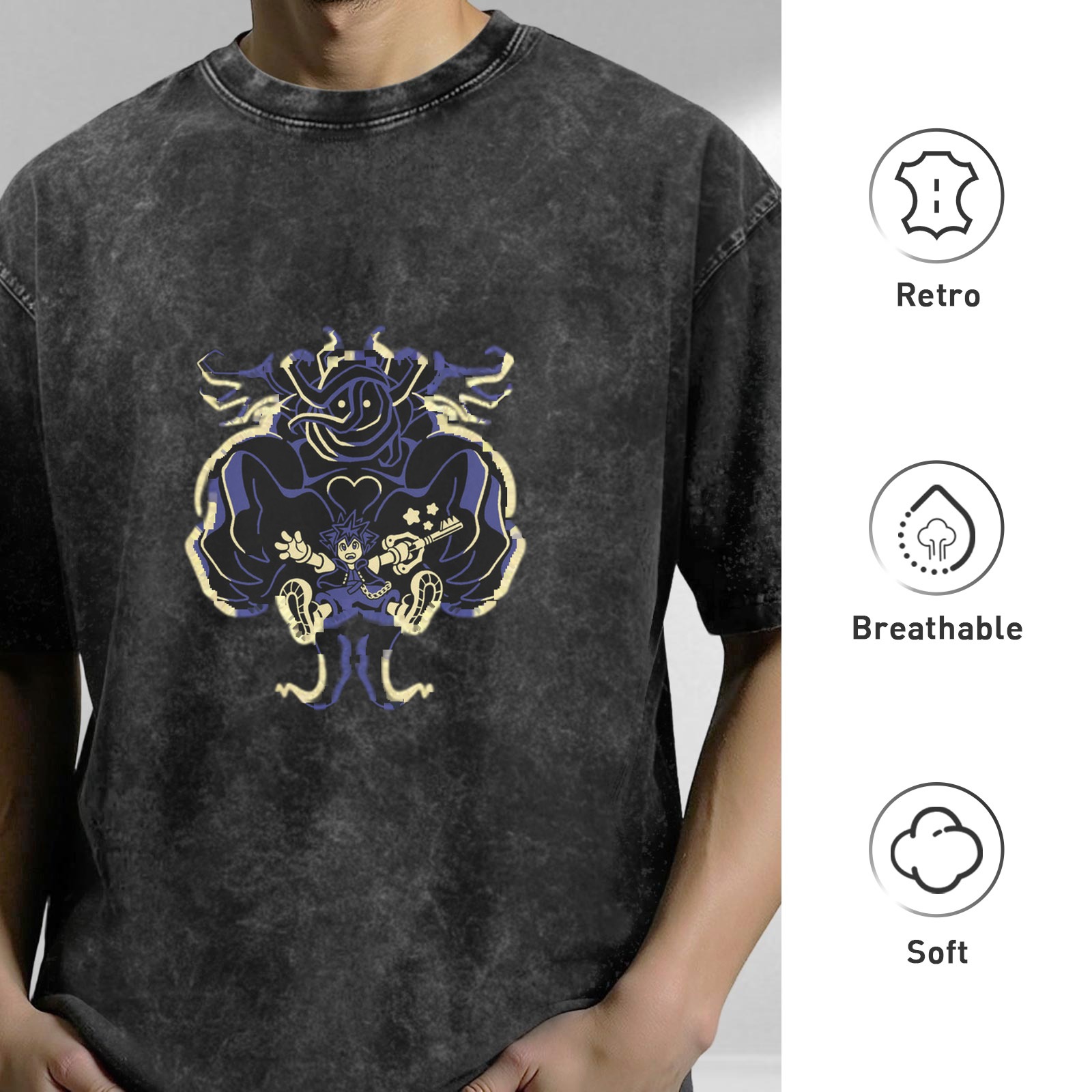 oversized washed black graphic t-shirt with fantasy character print