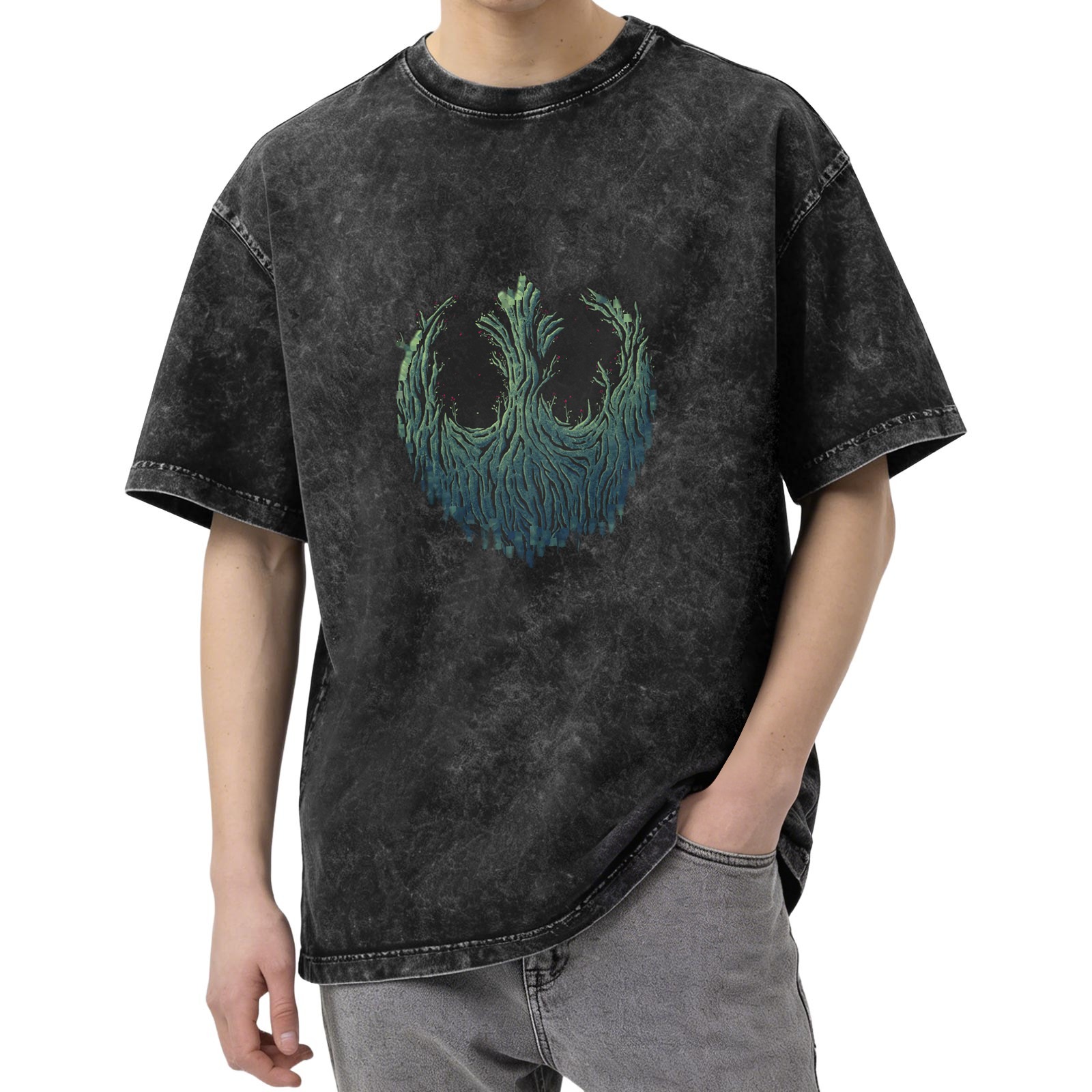 Oversized Acid Wash T-Shirt With Tree Face Graphic Print