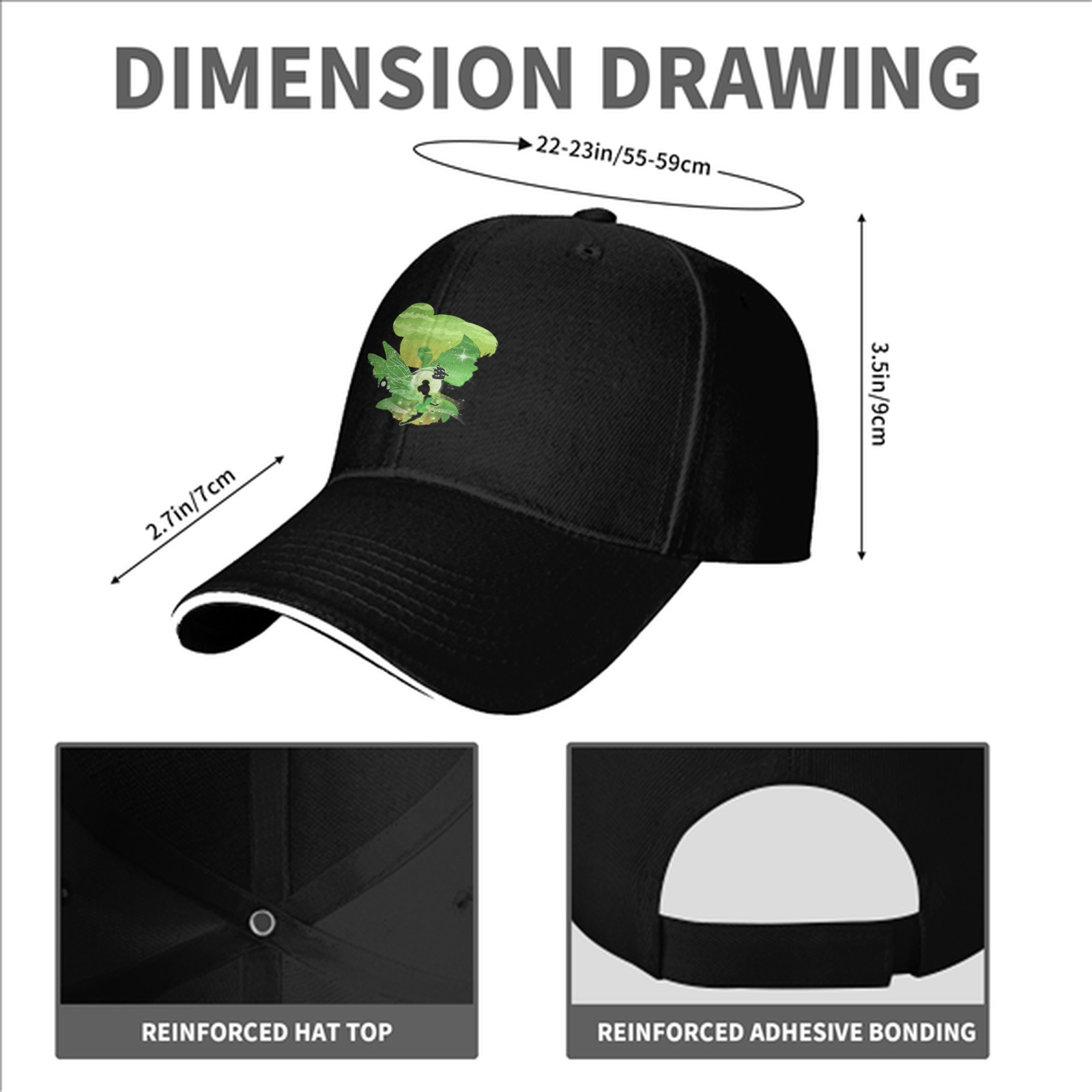 Black Baseball Cap With Green Fairy Silhouette Graphic
