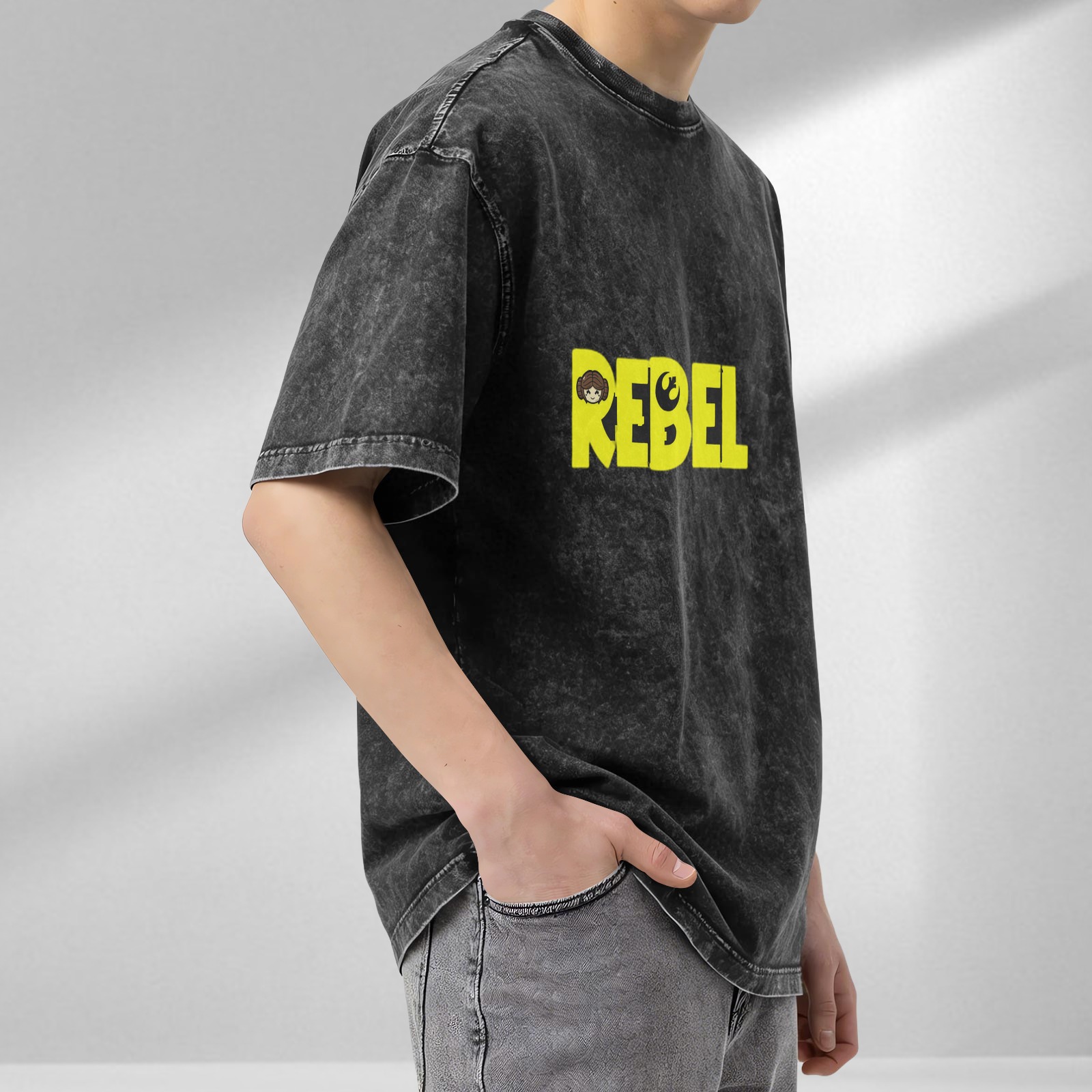 Washed Black Rebel Graphic T-Shirt with Princess Leia Art