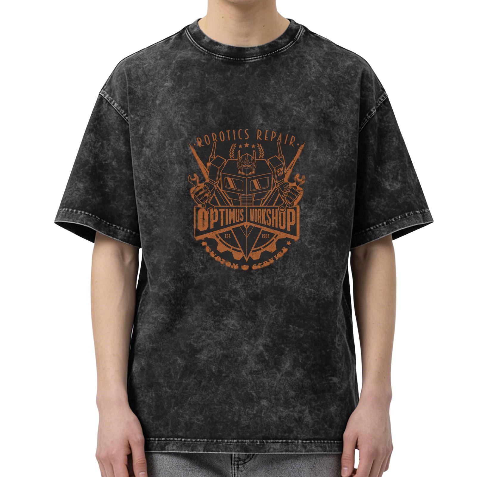 Optimus Workshop Robotics Repair Acid Wash Graphic T-Shirt