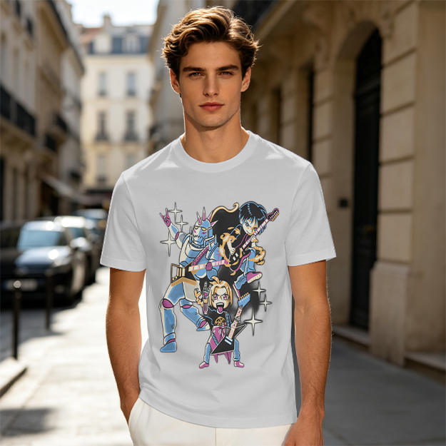Olive T-shirt with Anime Rock Band Characters Graphic