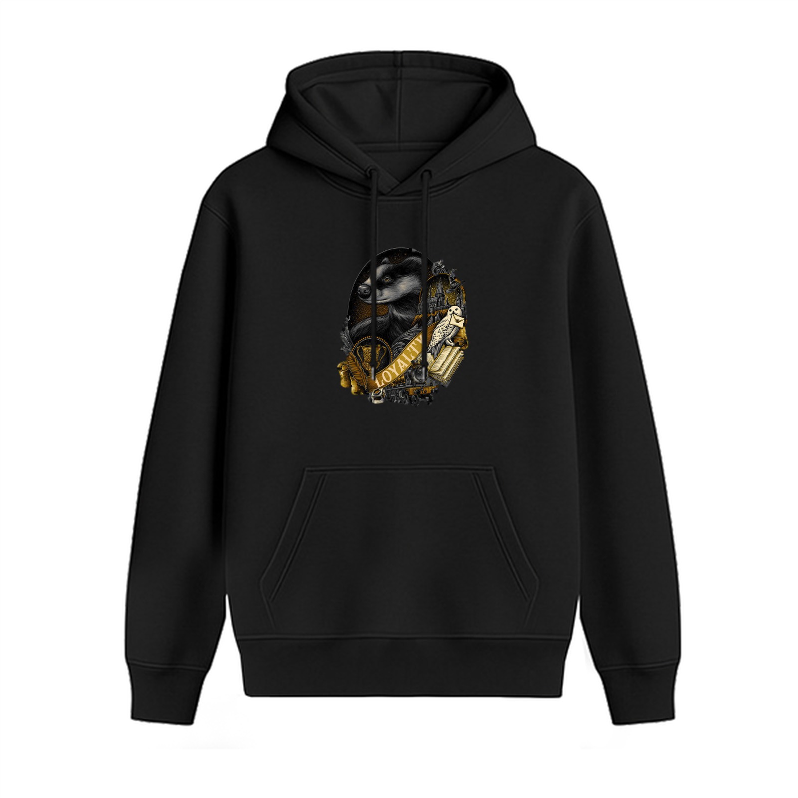 Black hoodie with Hufflepuff badger loyalty crest graphic