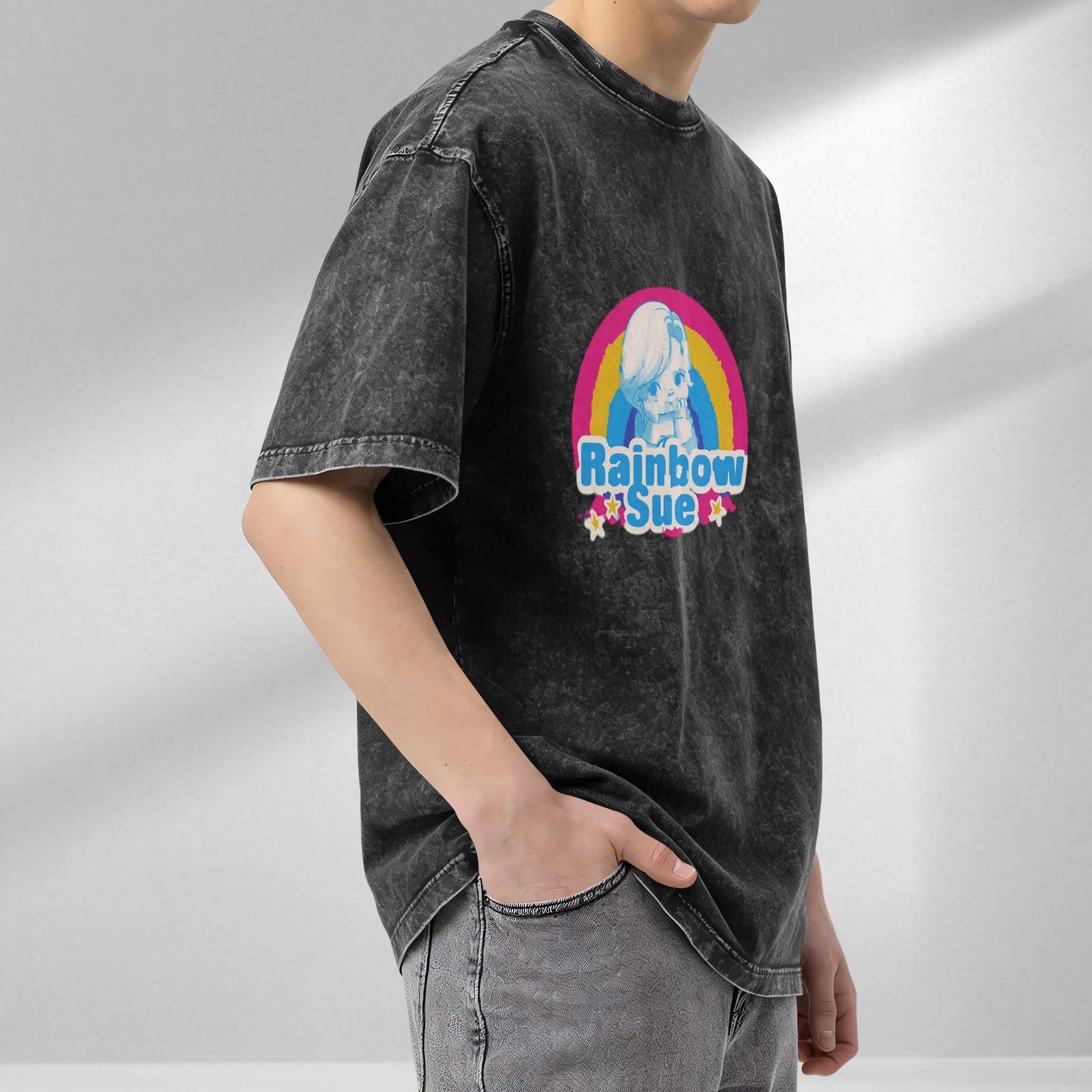 Oversized Dark Wash T-Shirt With Rainbow Sue Graphic Print