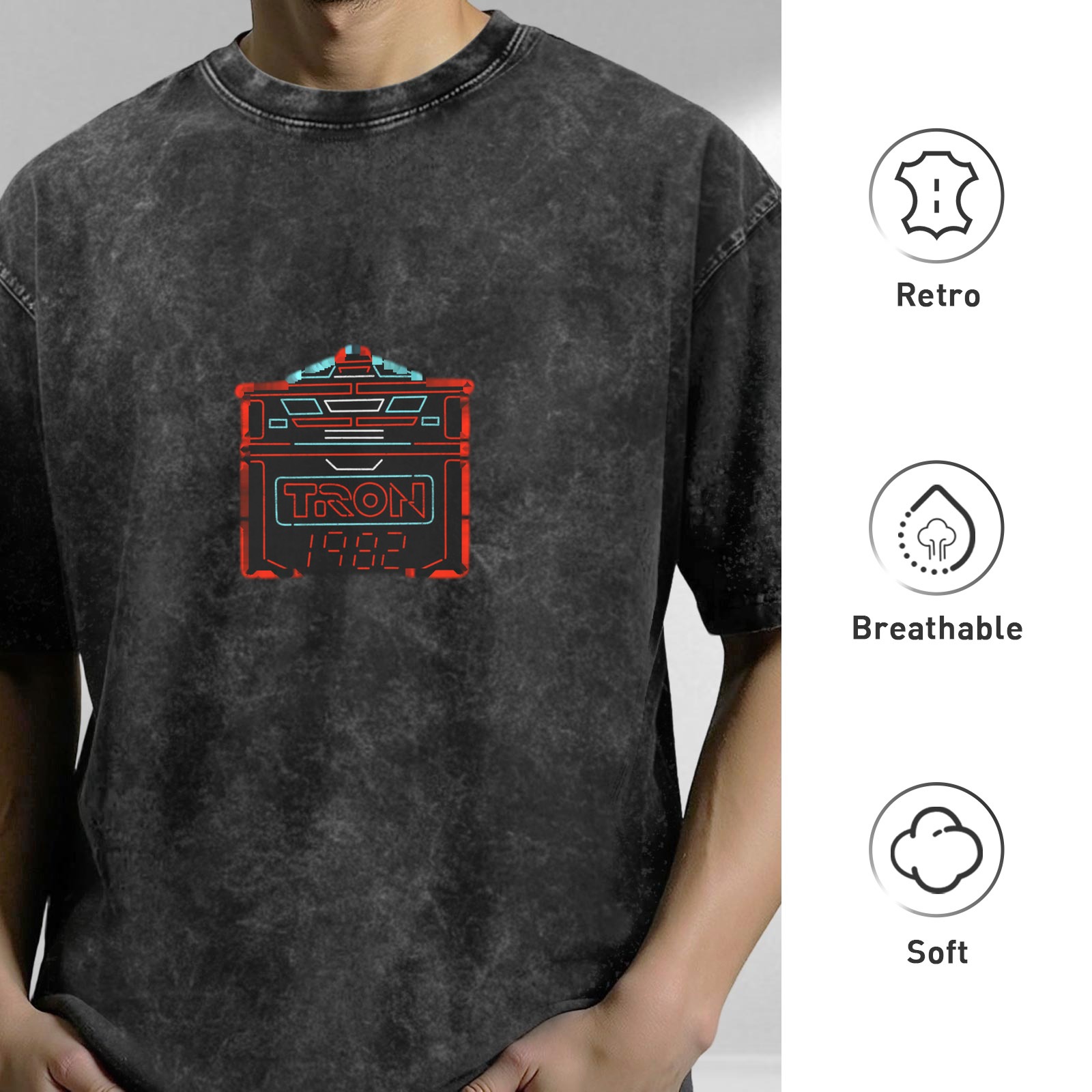 Retro washed black loose short-sleeved T-shirt TRON 1982 themed printed distressed top