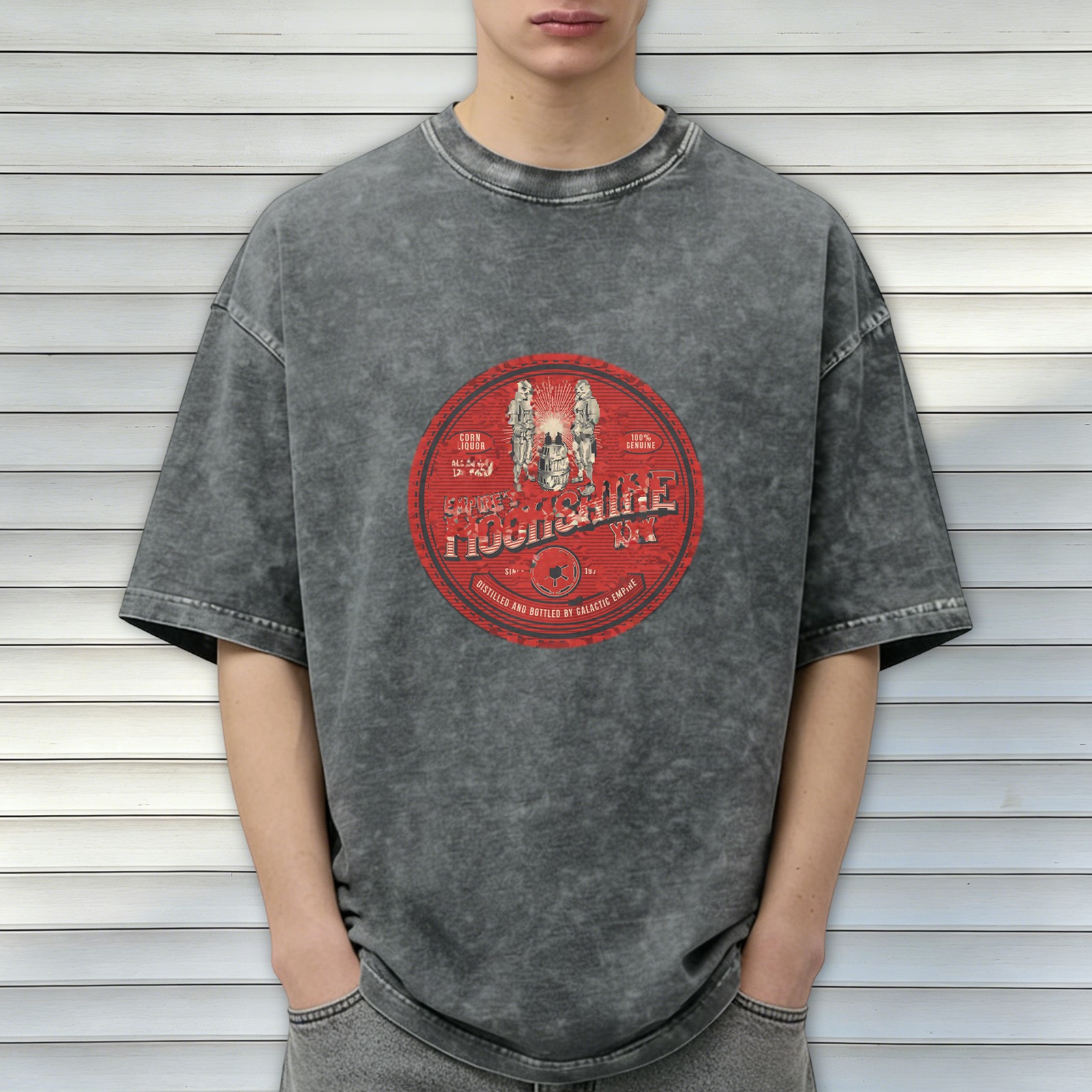 Vintage Black Acid Wash T-Shirt with Red Galactic Moonshine Graphic