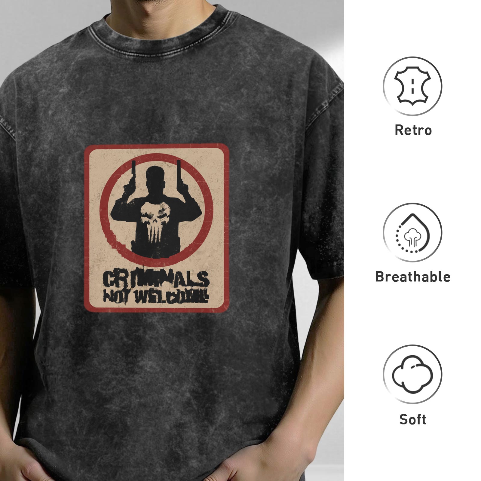 Washed black t-shirt with Punisher criminals not welcome graphic
