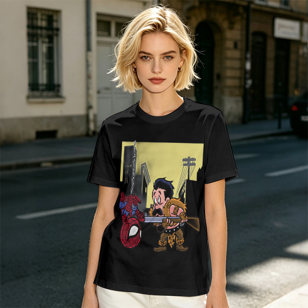 Olive T-shirt with Spider-Man and Hunter Cartoon Print