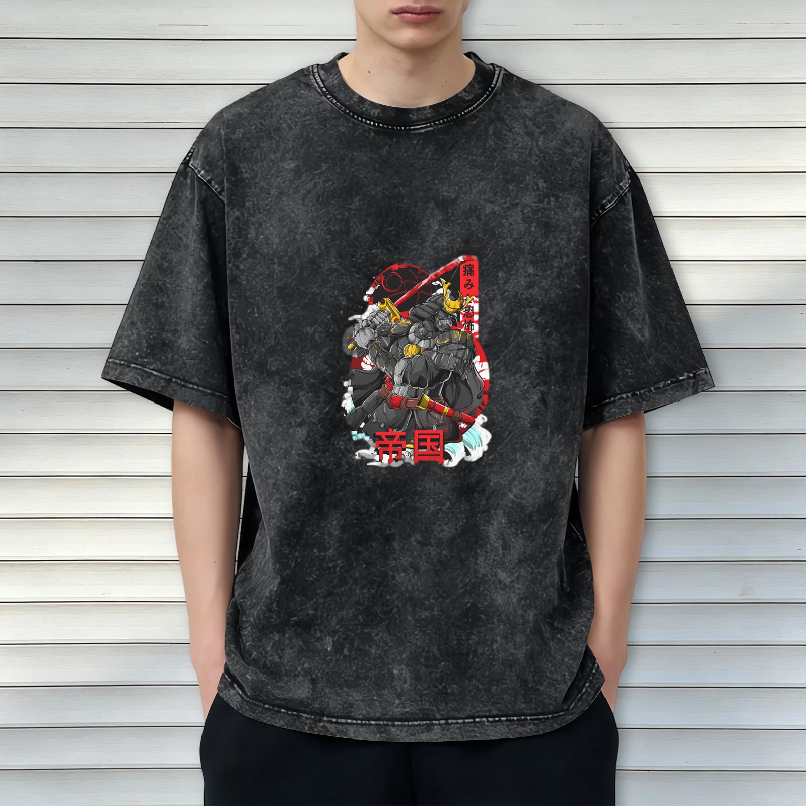Oversized Black Acid Wash T-Shirt with Japanese Samurai Graphic Print
