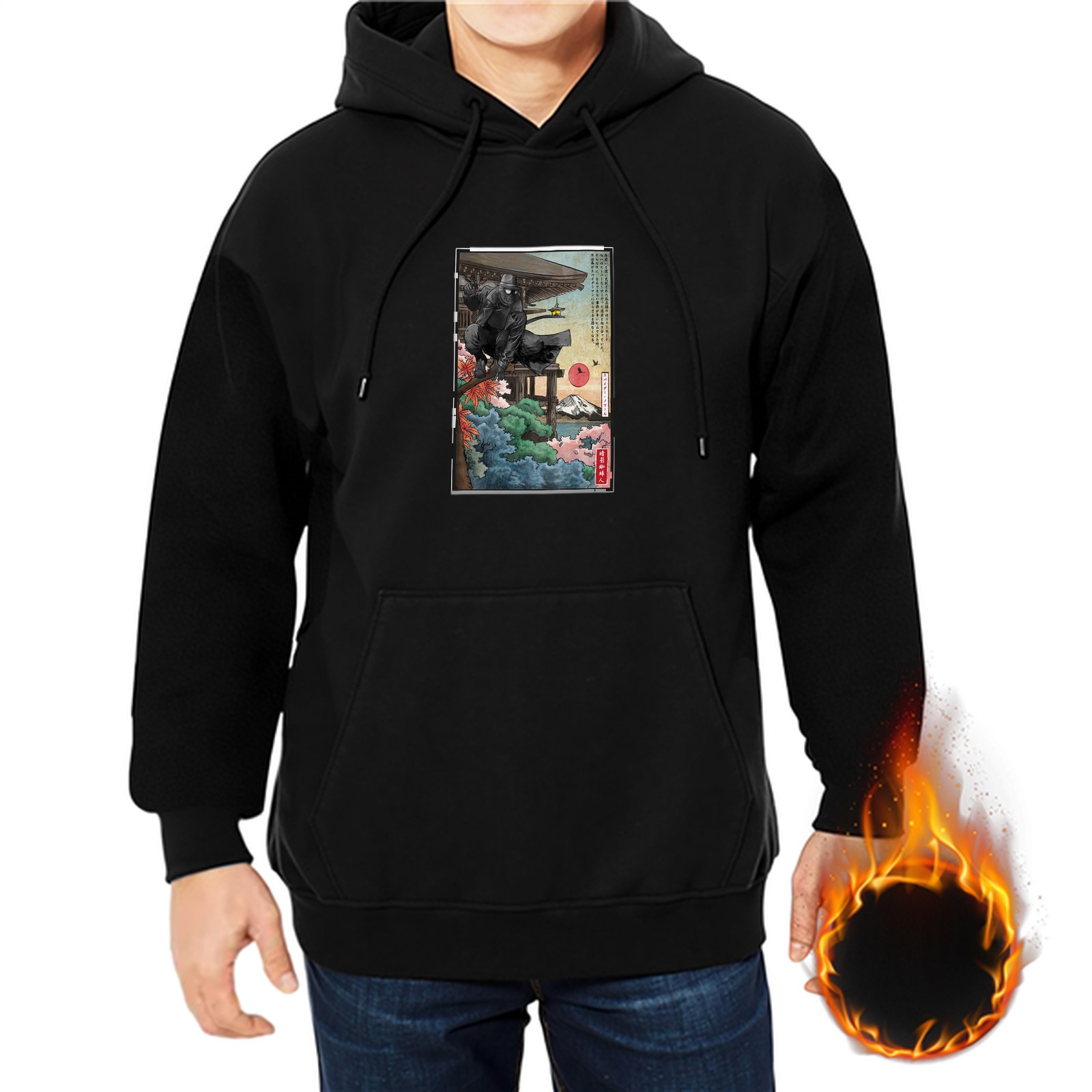 Black Hoodie with Japanese Ukiyo-e Style Temple Landscape Print