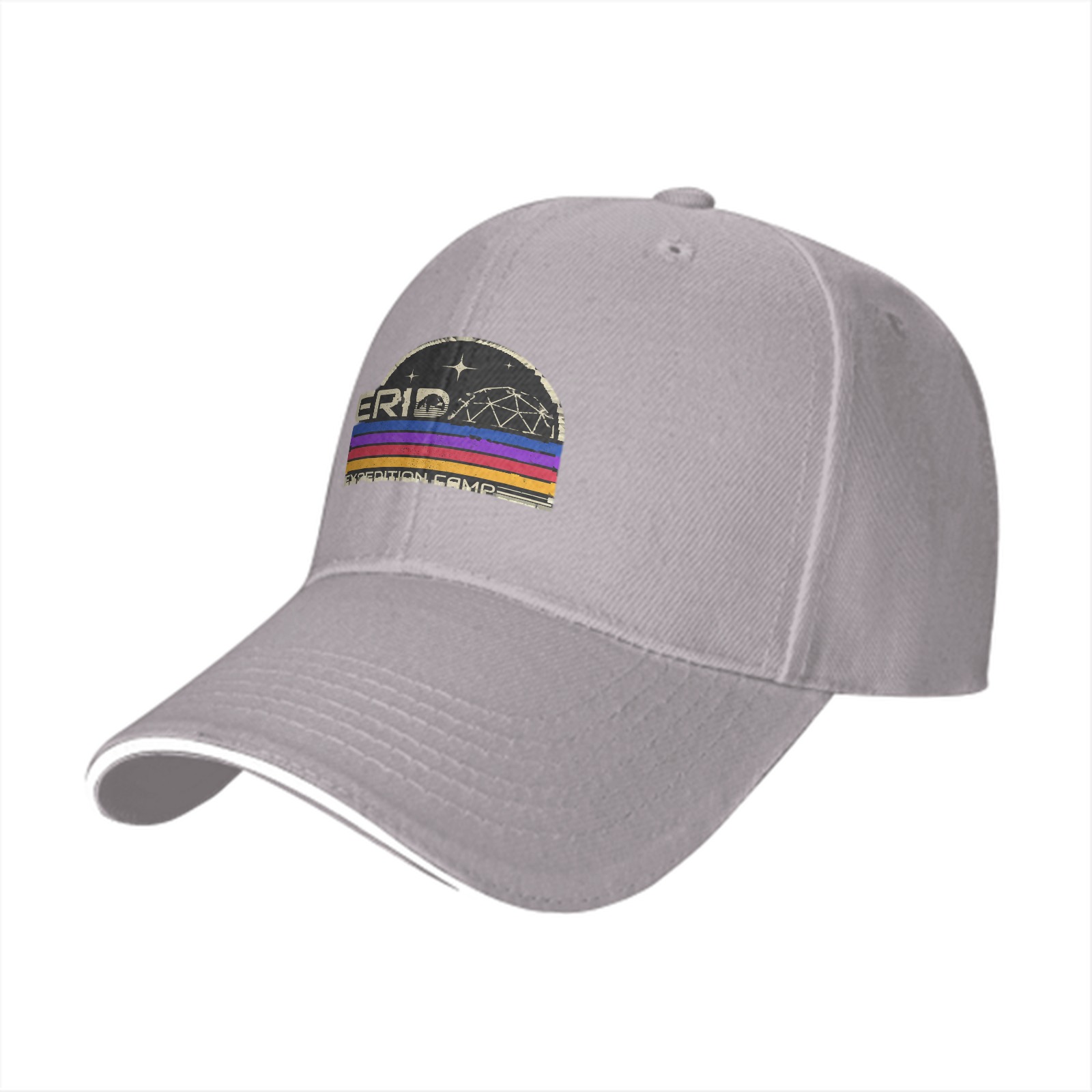Black baseball cap with retro Erid Expedition Camp graphic