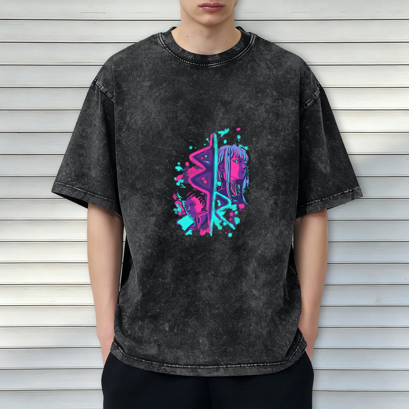 Cyberpunk Anime Character Graphic Acid Wash Black T-Shirt