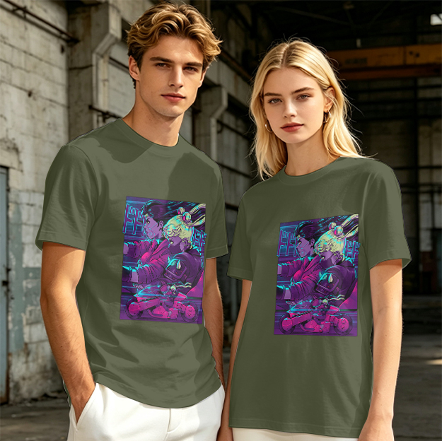 Olive T-shirt with Neon Cyberpunk Anime Character Print