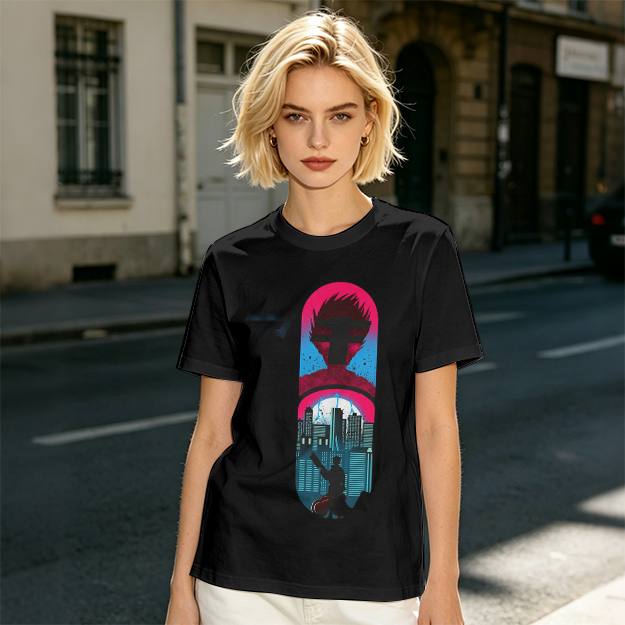 Olive T-Shirt With Cyberpunk City And Spiky Silhouette Graphic
