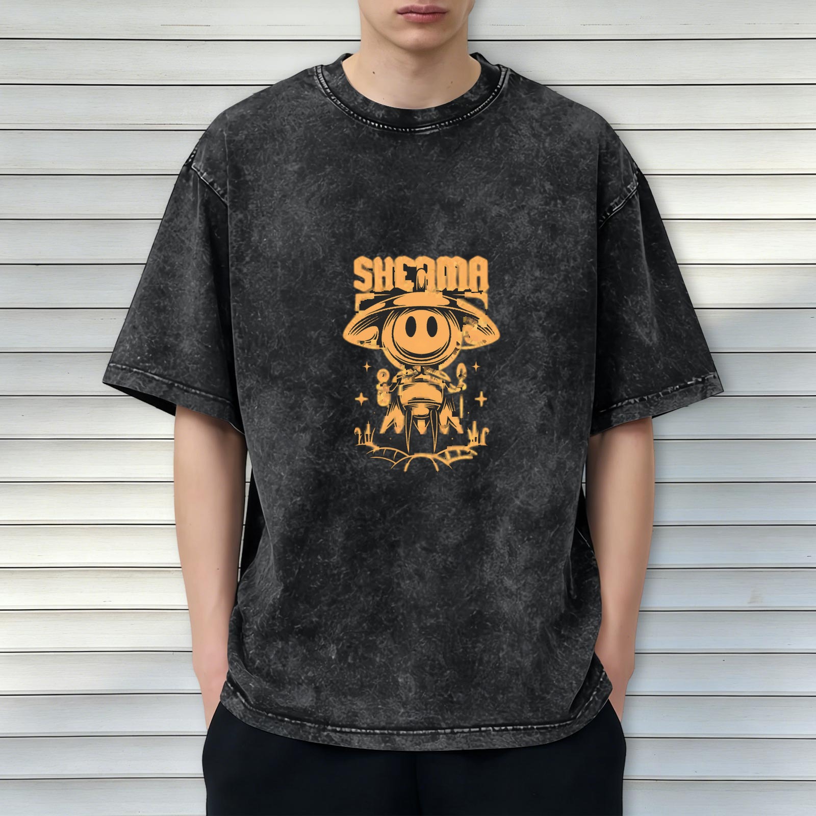 Oversized Acid Wash T-Shirt with UFO Alien Graphic Print