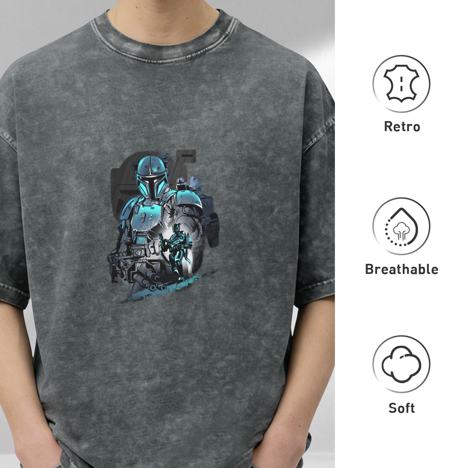 Distressed Black Mandalorian Print Short Sleeve T-Shirt