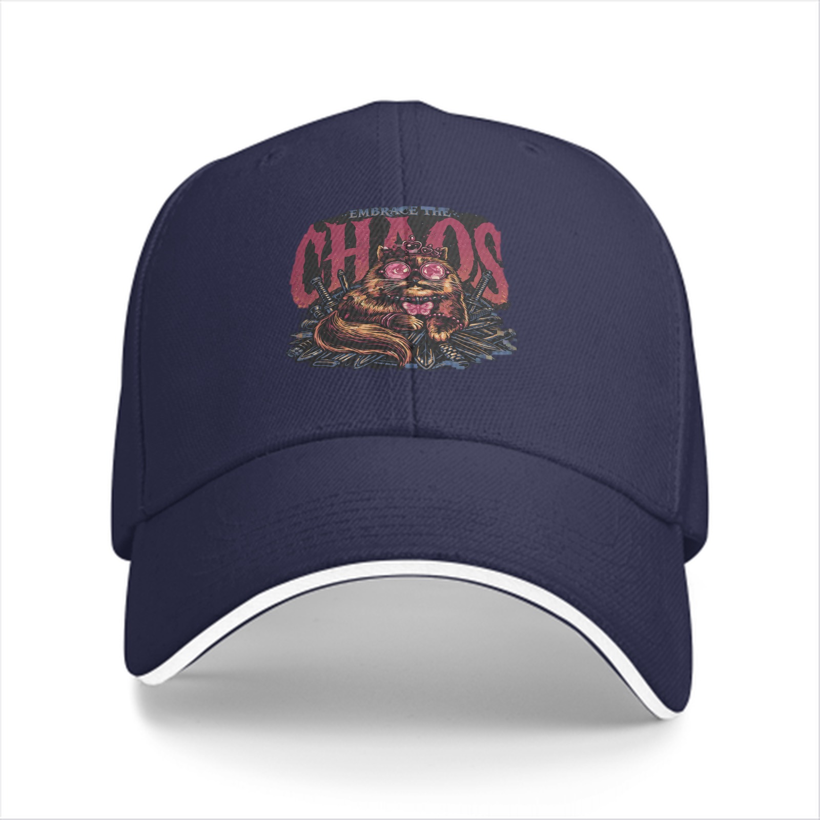 Black Baseball Cap With Embrace The Chaos Cat Graphic