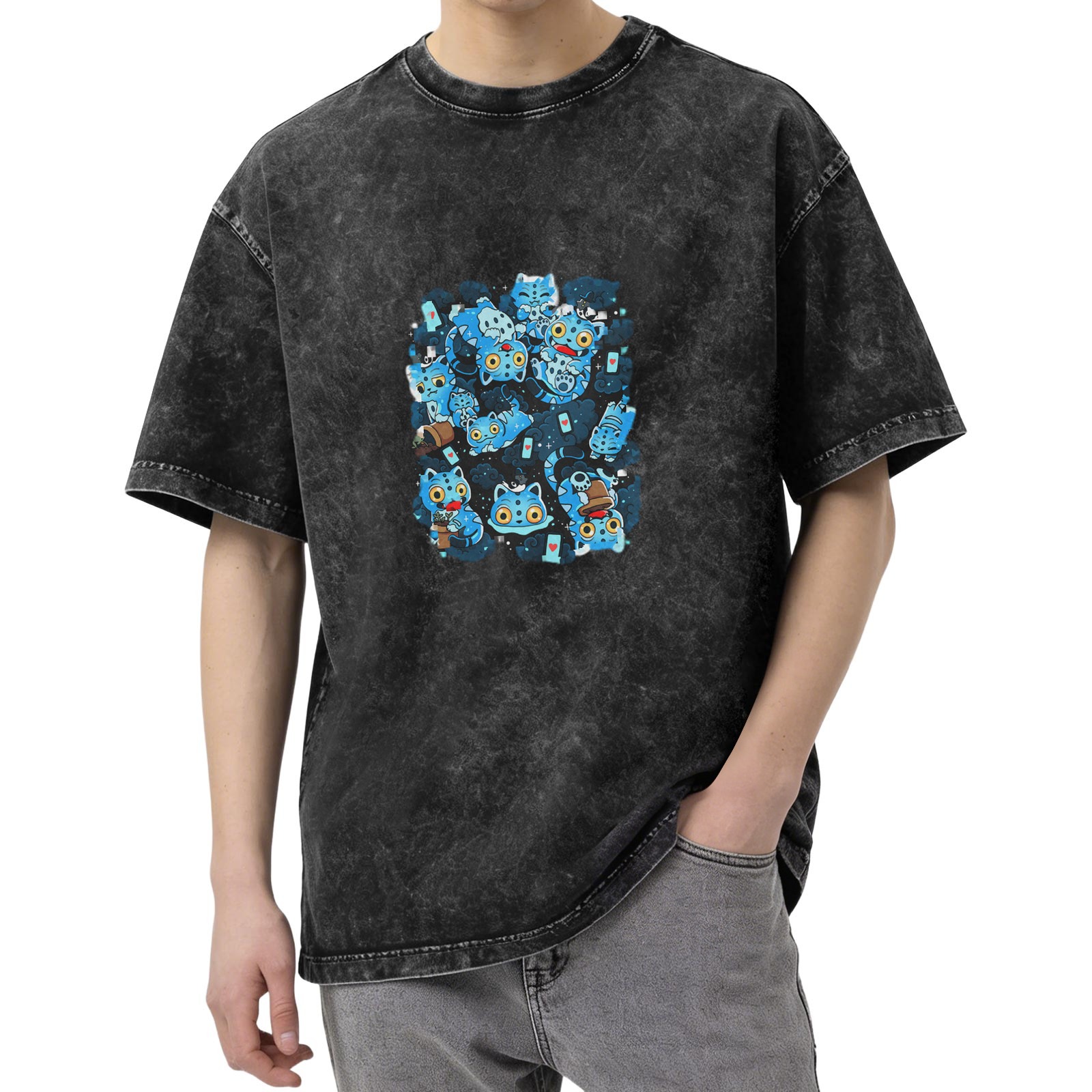 Oversized Vintage Wash Black T-Shirt with Blue Cute Cat Graphic Print
