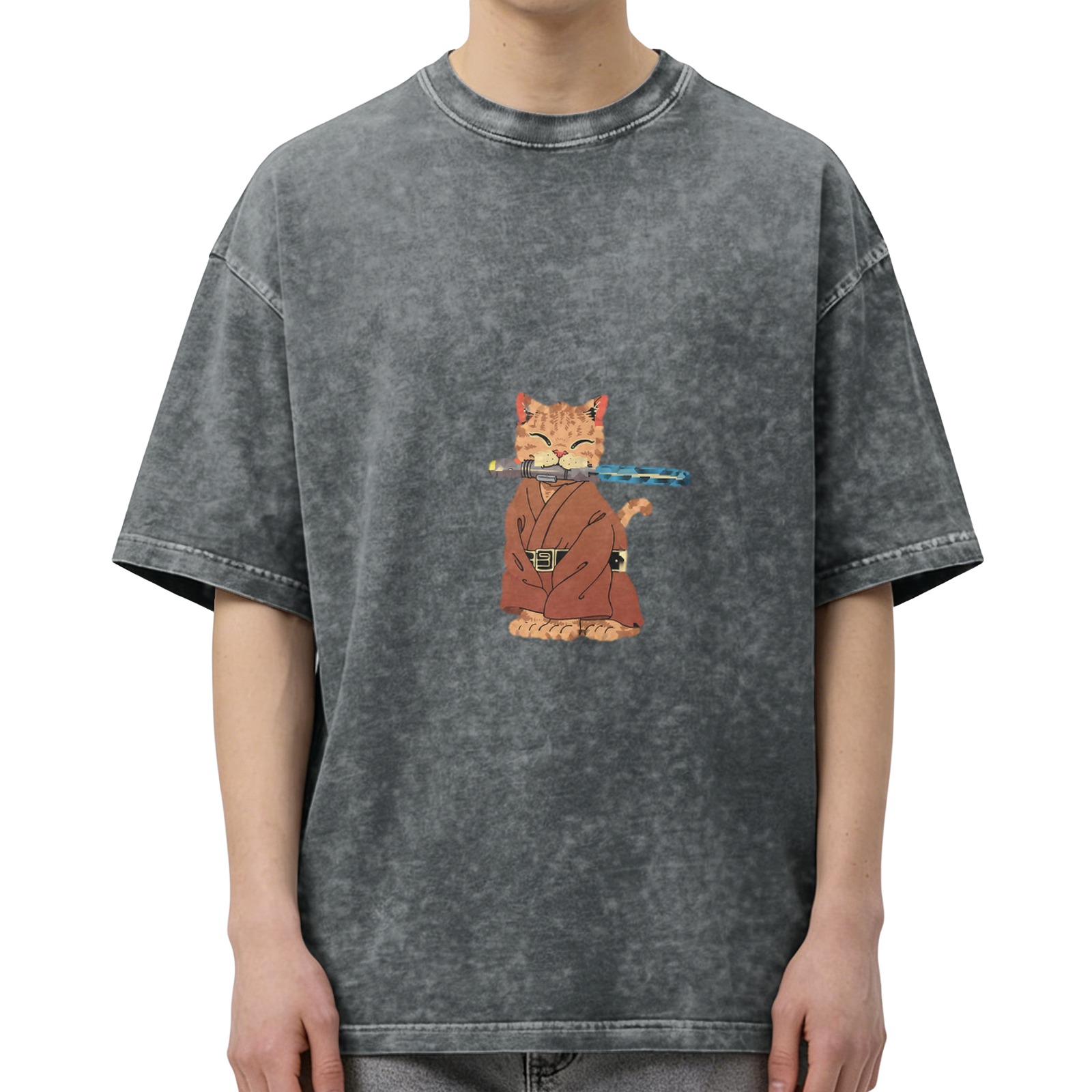 Oversized Acid Wash T-Shirt With Jedi Cat Lightsaber Print