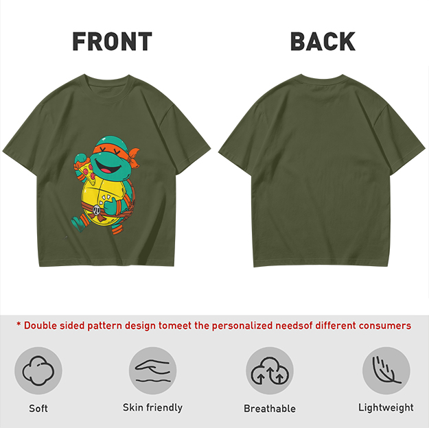 Olive T-shirt with cartoon ninja turtle holding pizza graphic
