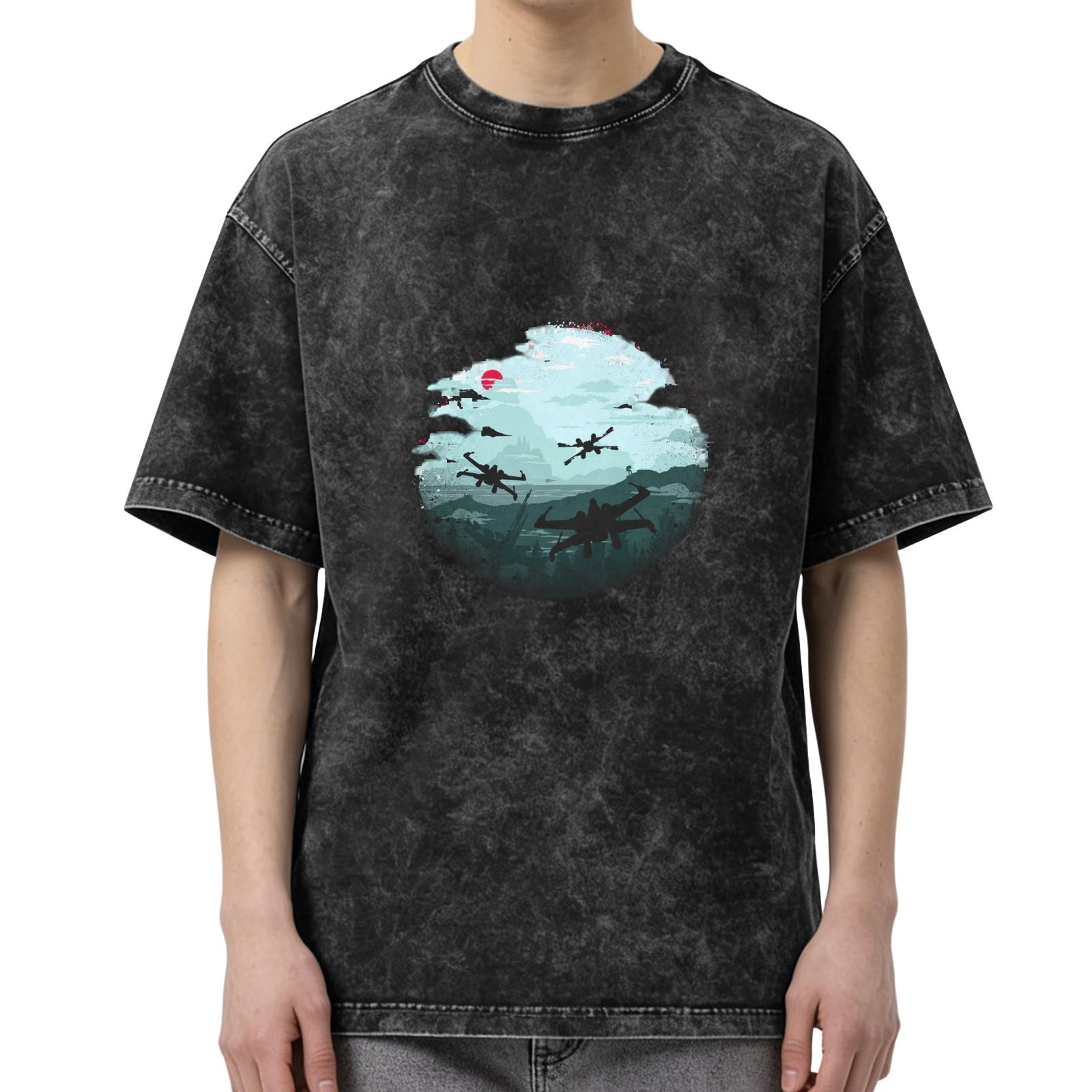 Oversized Vintage Wash Graphic T-Shirt with Star Wars X-Wing Fighter Design