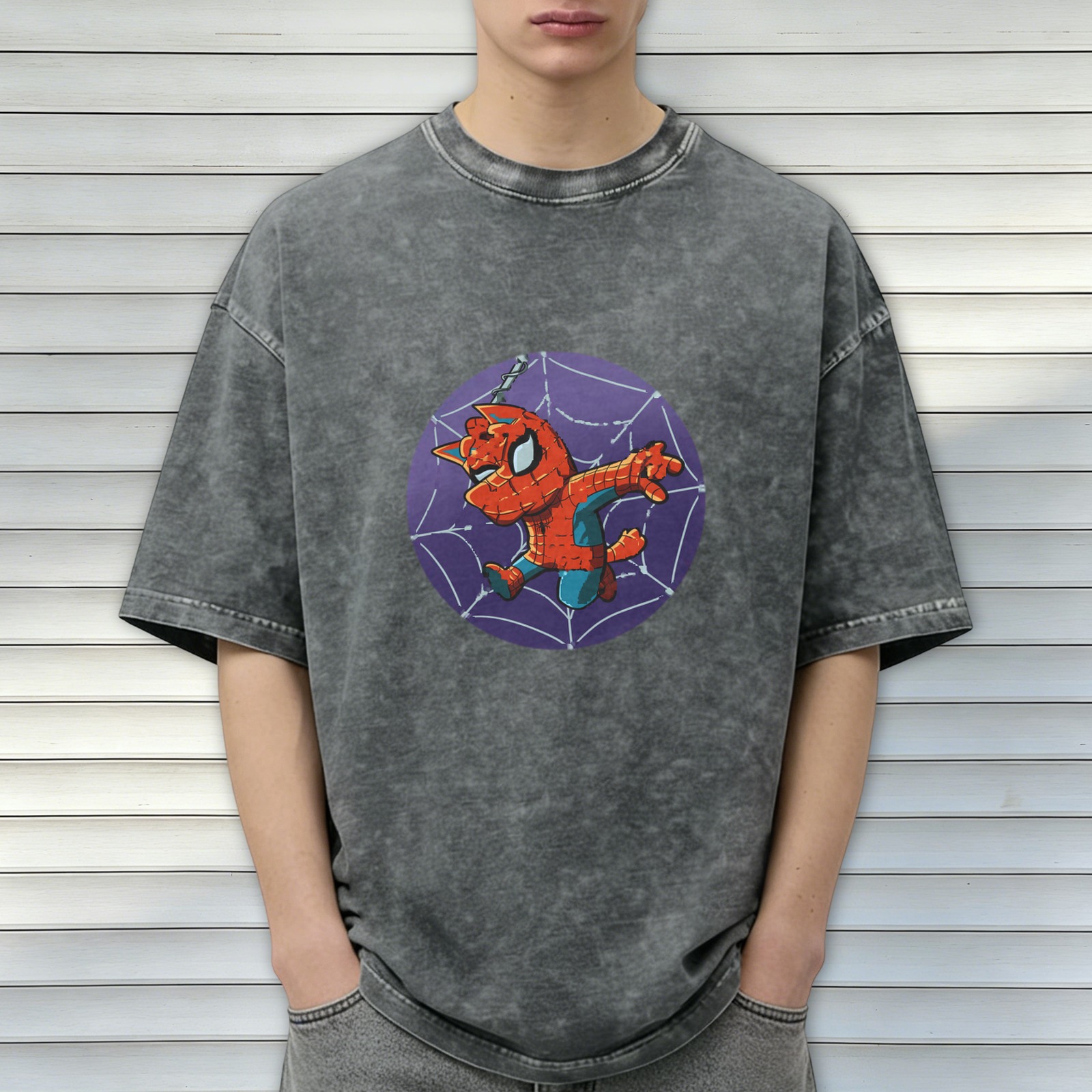 Oversized Dark Wash T-Shirt With Spider-Cat Web Print