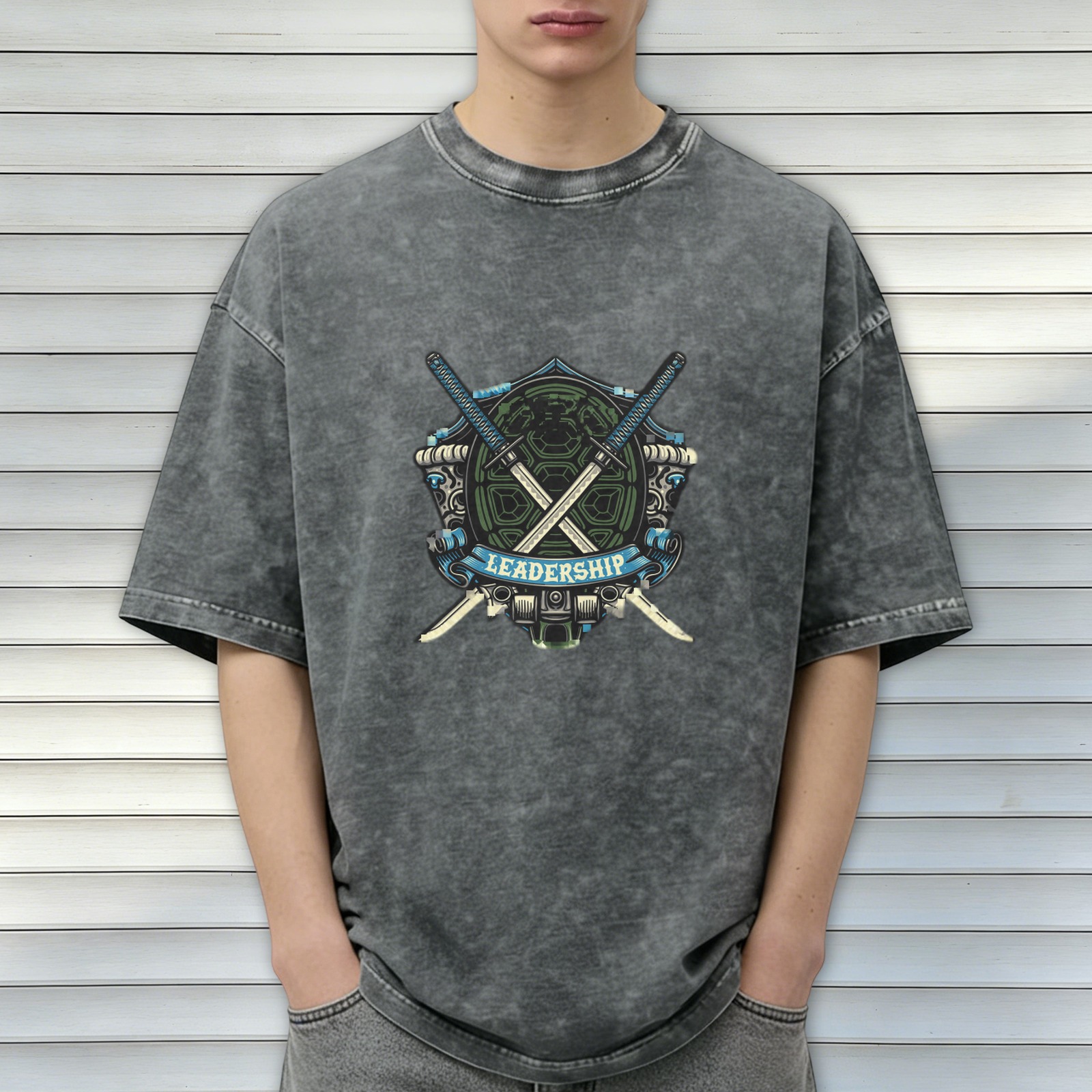 Oversized Dark Wash T-Shirt With Ninja Turtle Leadership Crest Print