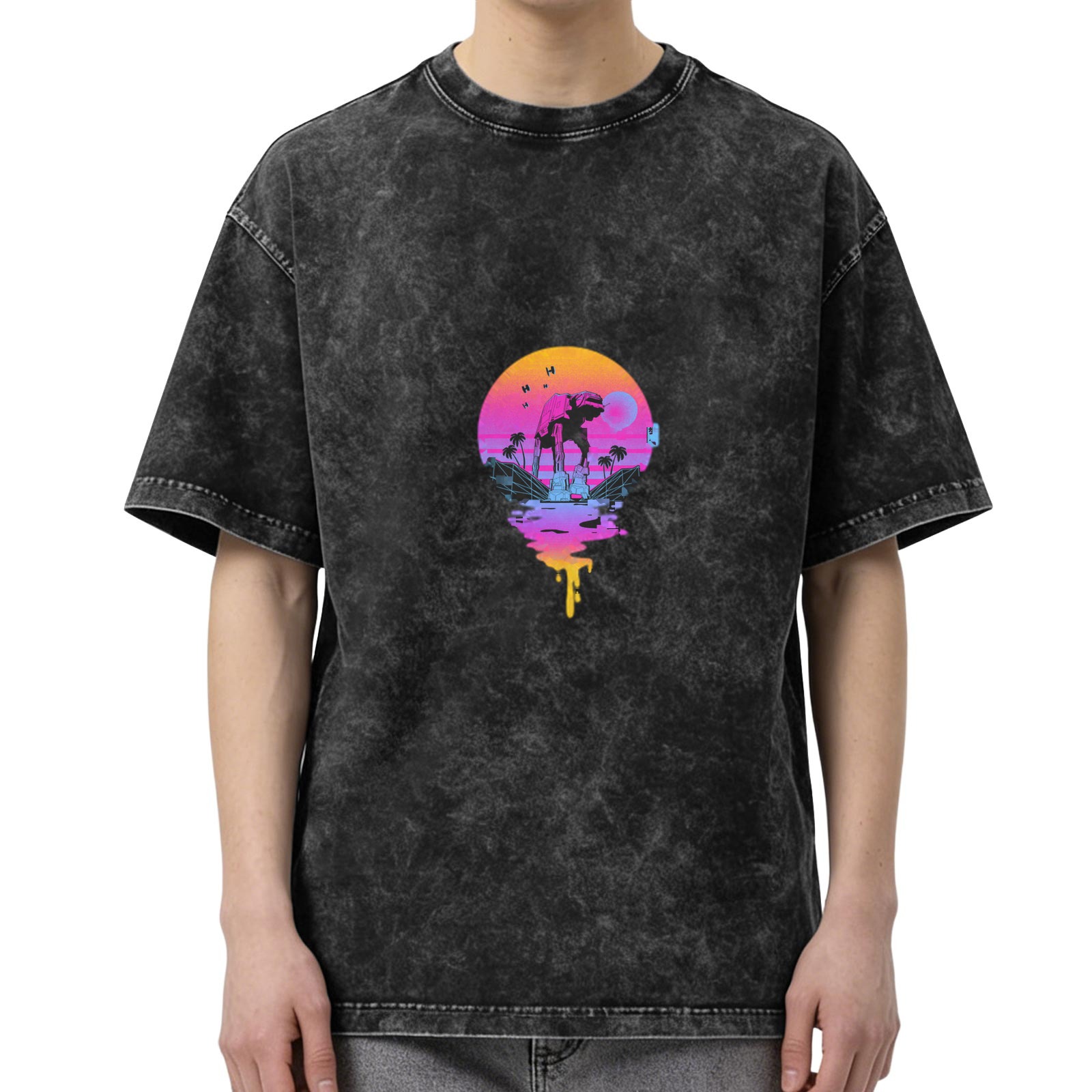 Distressed washed black round neck short-sleeved T-shirt Steamwave style Star Wars AT-AT walker printed top