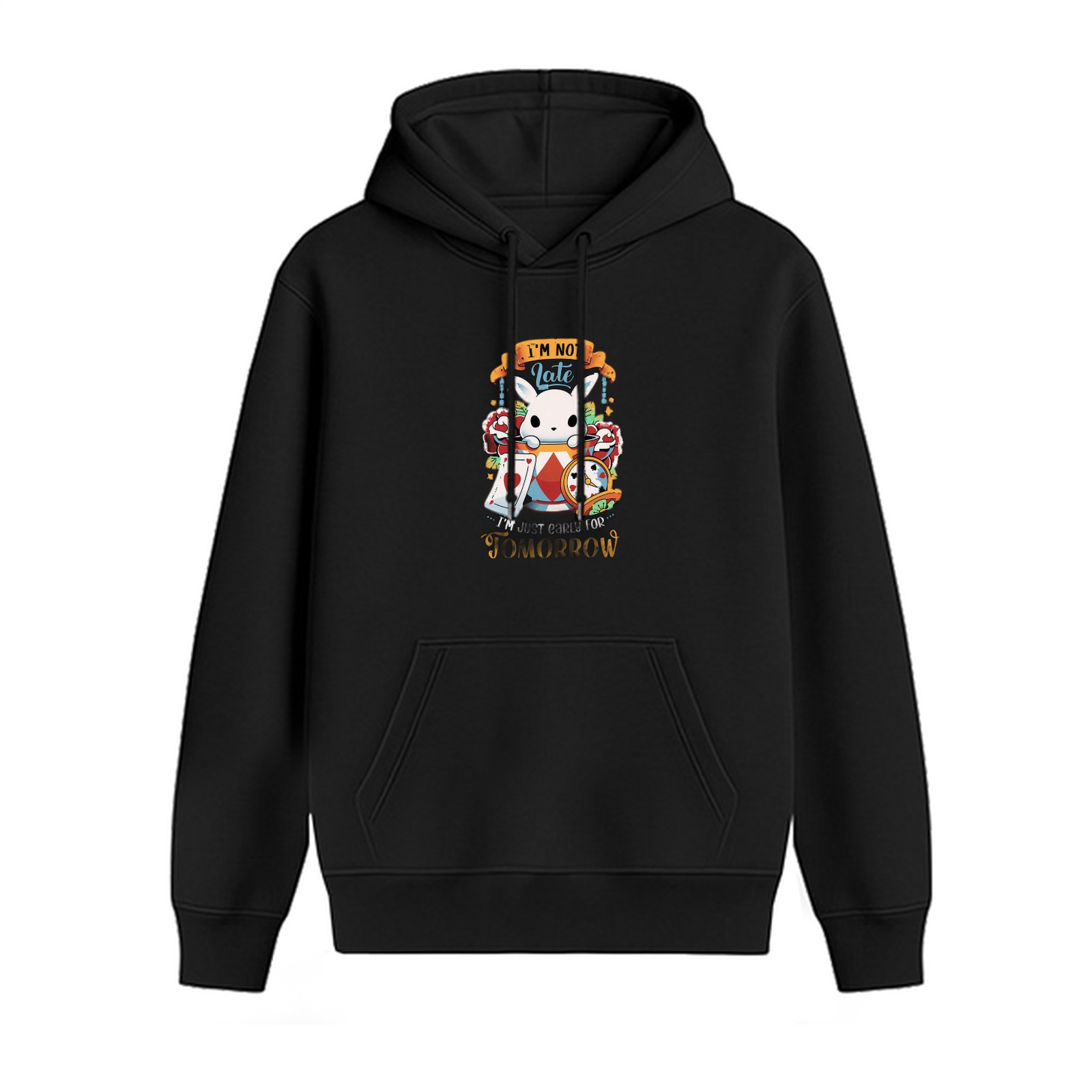 Black hoodie with Alice in Wonderland late rabbit print
