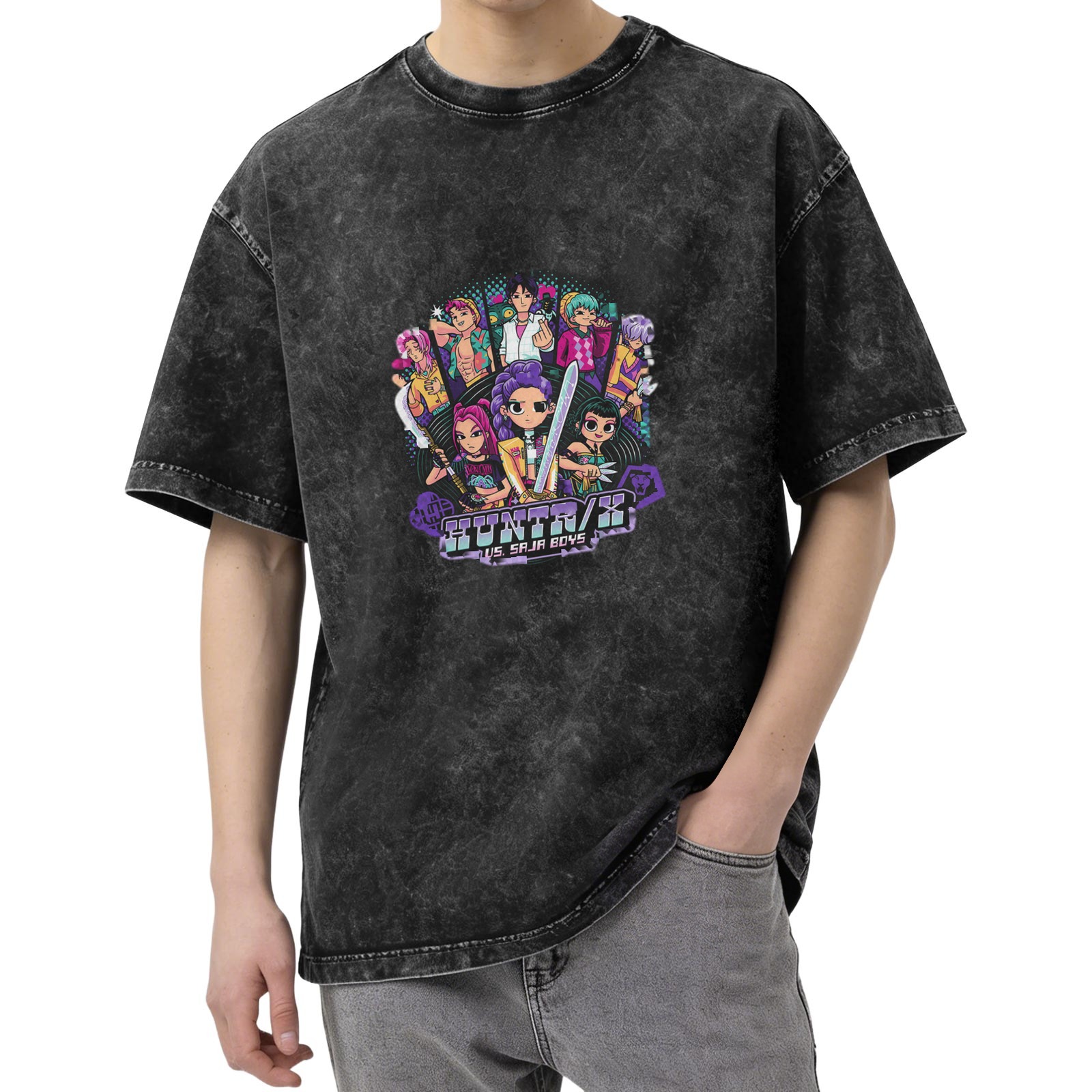 Oversized Acid Wash Graphic T-Shirt with Anime 'HUNTR/X vs. SAJA BOYS' Print