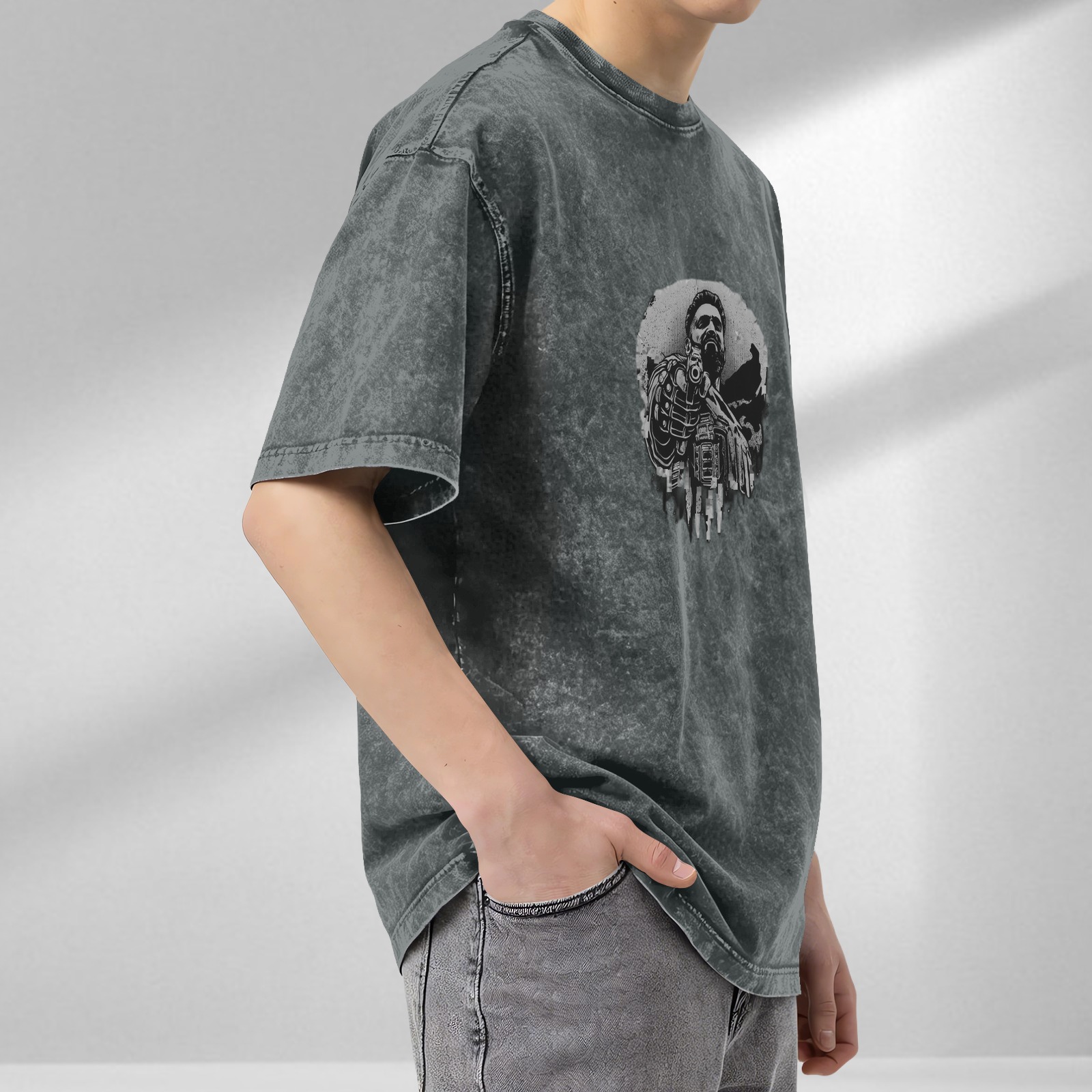 Washed Black Graphic T-Shirt With Bearded Warrior Skull Print