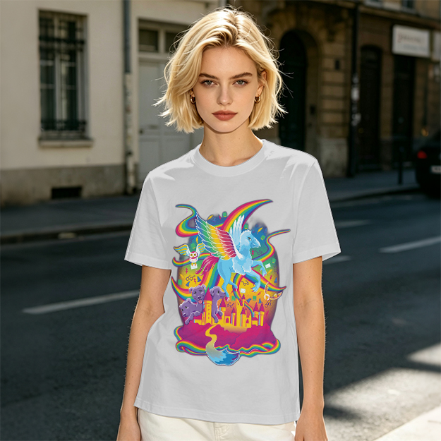 Olive T-Shirt With Whimsical Rainbow Fantasy Creature Castle Art