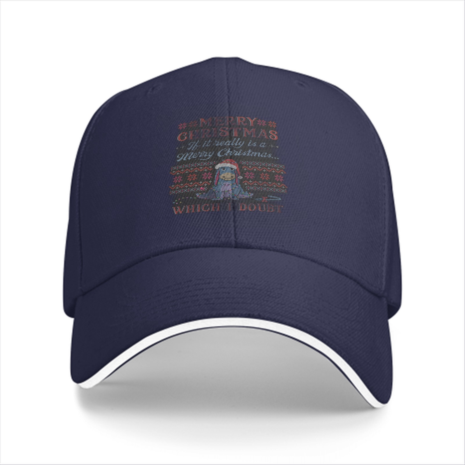 Black baseball cap with skeptical Eeyore Christmas print