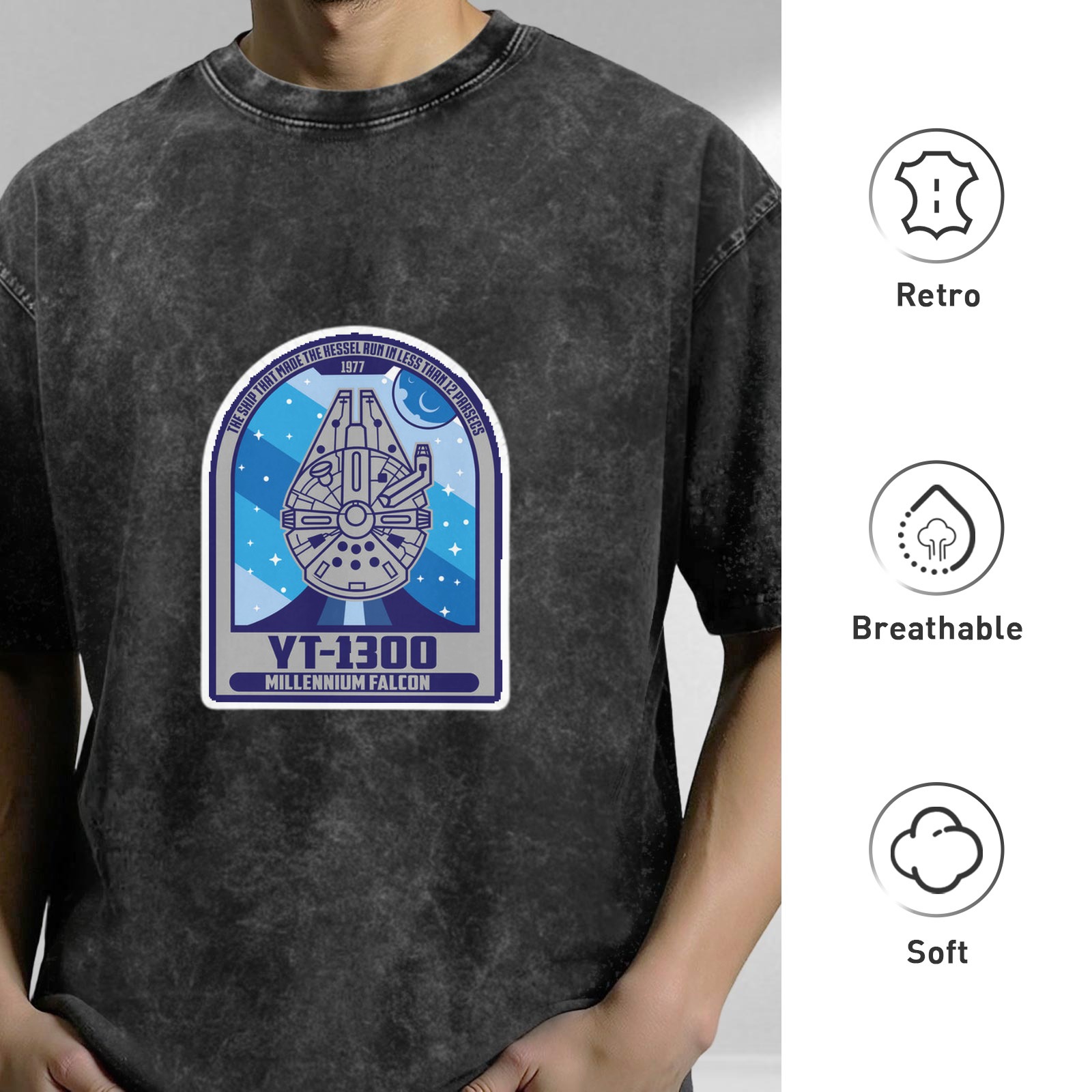 Oversized Stonewashed T-Shirt with Millennium Falcon YT-1300 Graphic