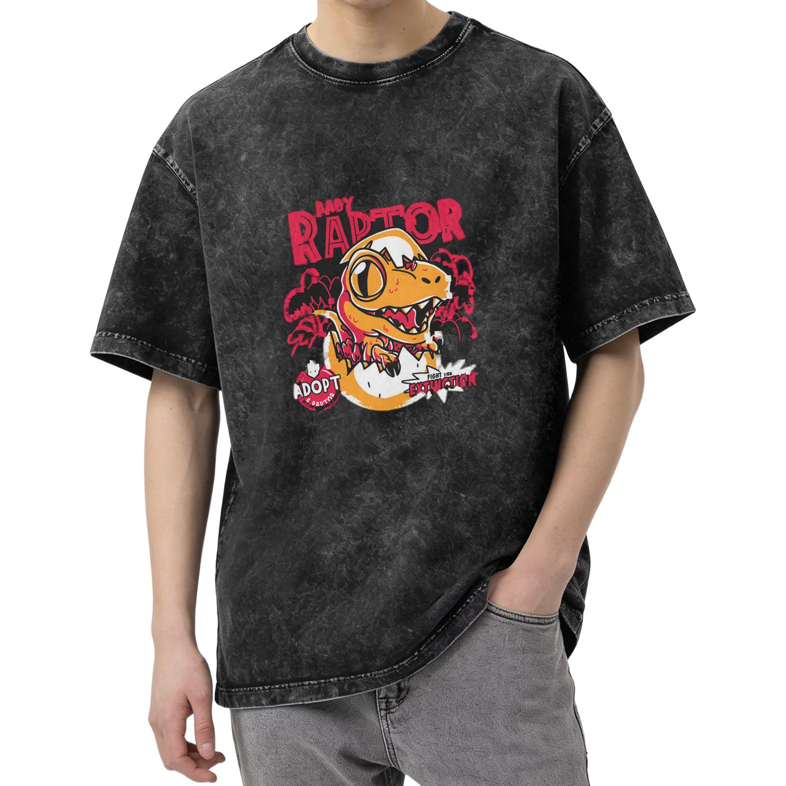 Baby Raptor Graphic Print Oversized Stone Wash T-Shirt